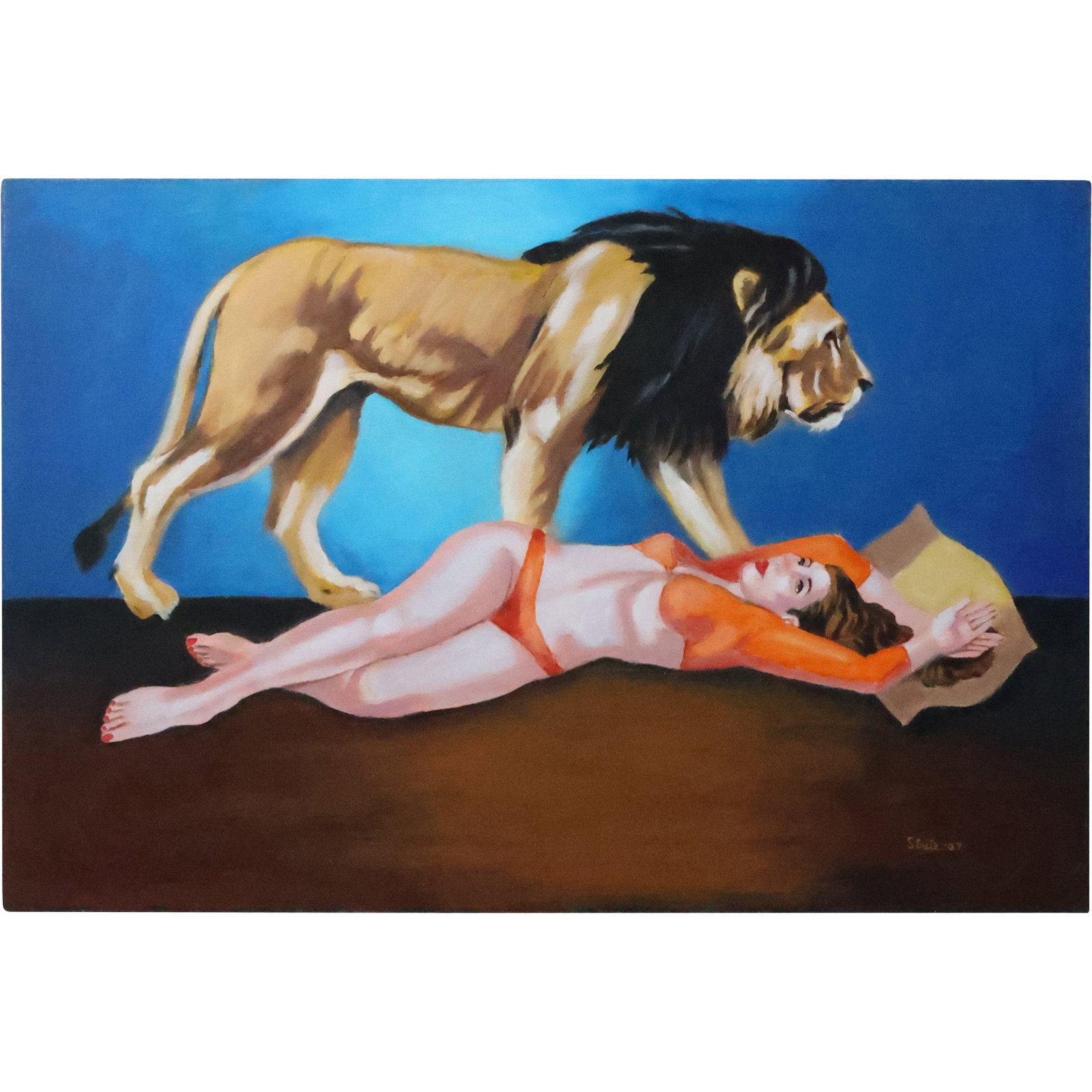 Signed Norman Strite 2008 "Nightmare" Sleeping Woman with Lion: Signed Norman Strite 2008 "Nightmare" Sleeping Woman with Lion size: 24 x 36 Norman Strite was a highly talented artist in the Albany NY area. He was best known for his pin-up paintings and nude figur