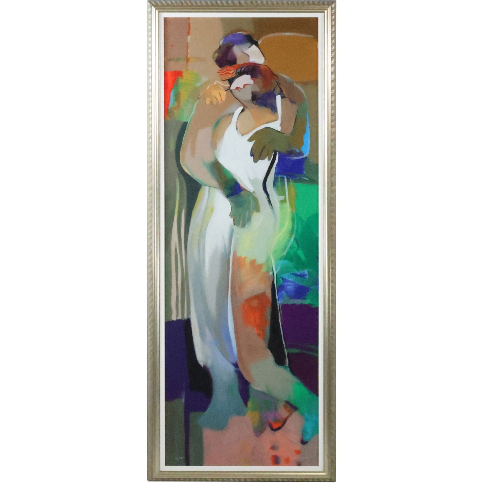 Hessam Abrishami, Colorful Lithograph Embracing Couple Signed and Numbered 157/295: Hessam Abrishami, Colorful Lithograph Embracing Couple Signed and Numbered 157/295. size: 49.25 x 16.5 matte, 53 x 20.5 outside frame. ASKart: Hessam Abrishami (Born 1951) is active/lives in Californi