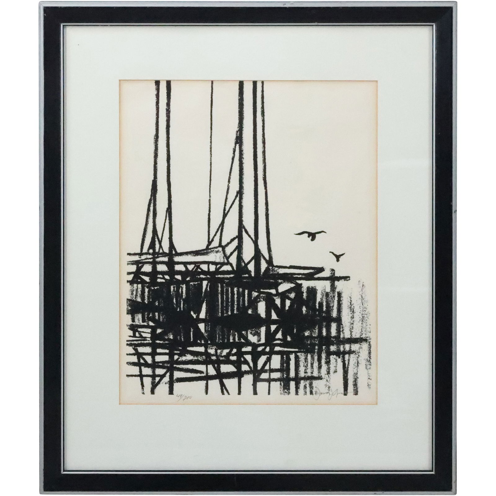 Vintage Black and White Lithograph Fishing Pier, Artist Signed James ... Numbered 49/200 (1 of 12)