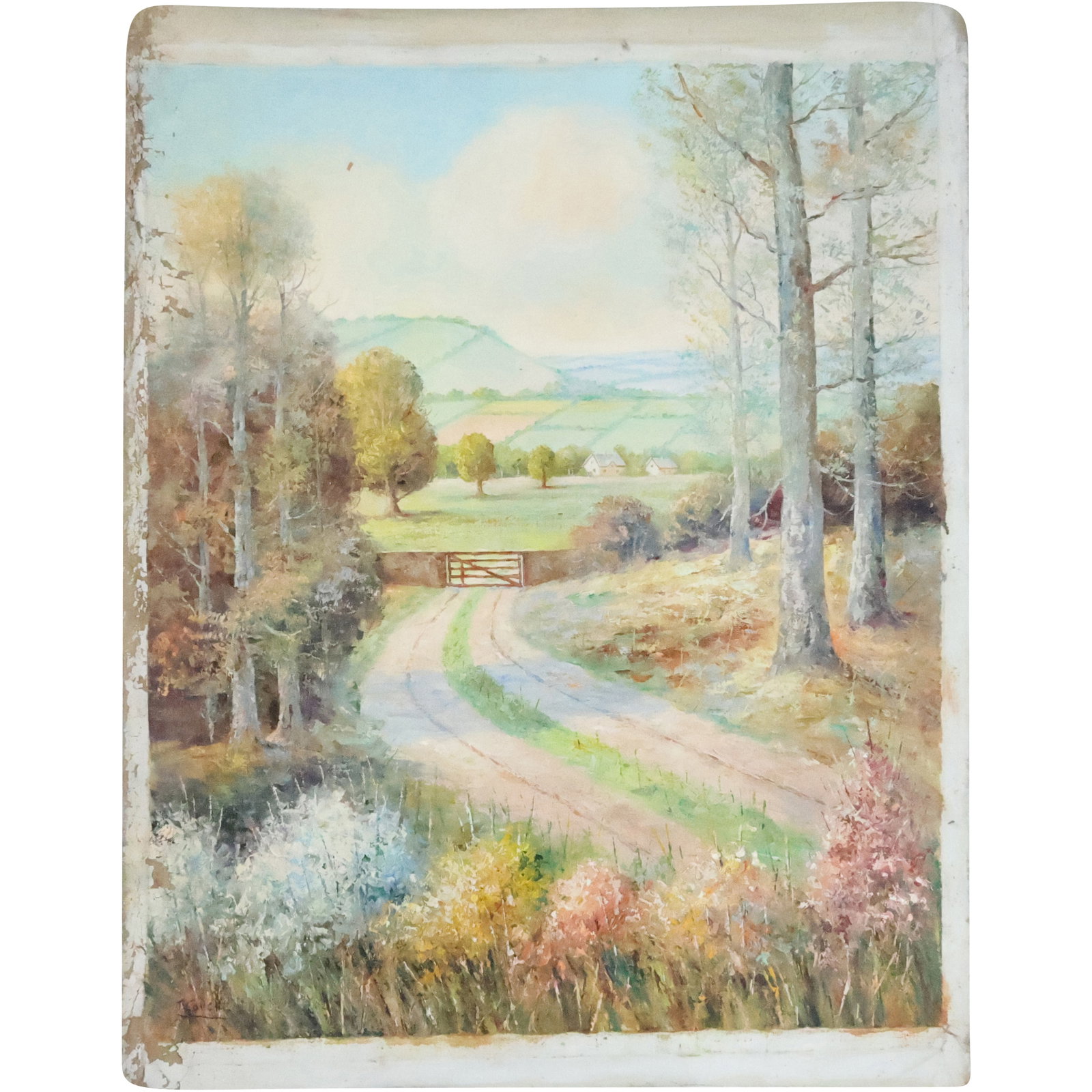 J Collchi, Vintage Unstretched Oil on Canvas Painting, Countryside Road Landscape (1 of 16)
