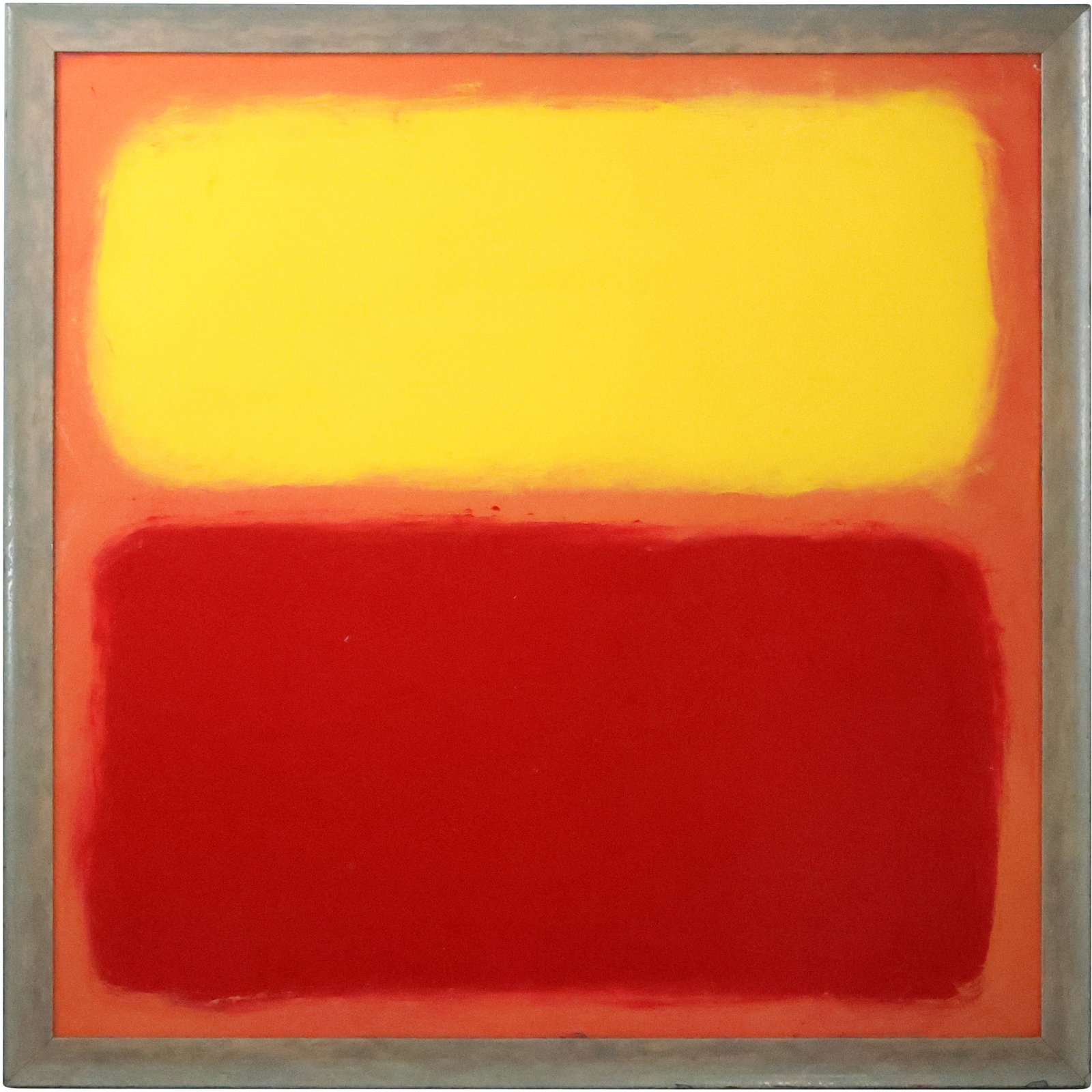 Thomas Pulgini Listed American Rothko Style Painting Oil on Board, Signed, Framed: Thomas Pulgini Listed American Rothko Style Painting Red Yellow Orange . Well Listed American Artist. size: 36 x 36, 39.25 x 39.25 outside frame ASKart: Thomas Pulgini, Born 1965 in Wilmington Delawar