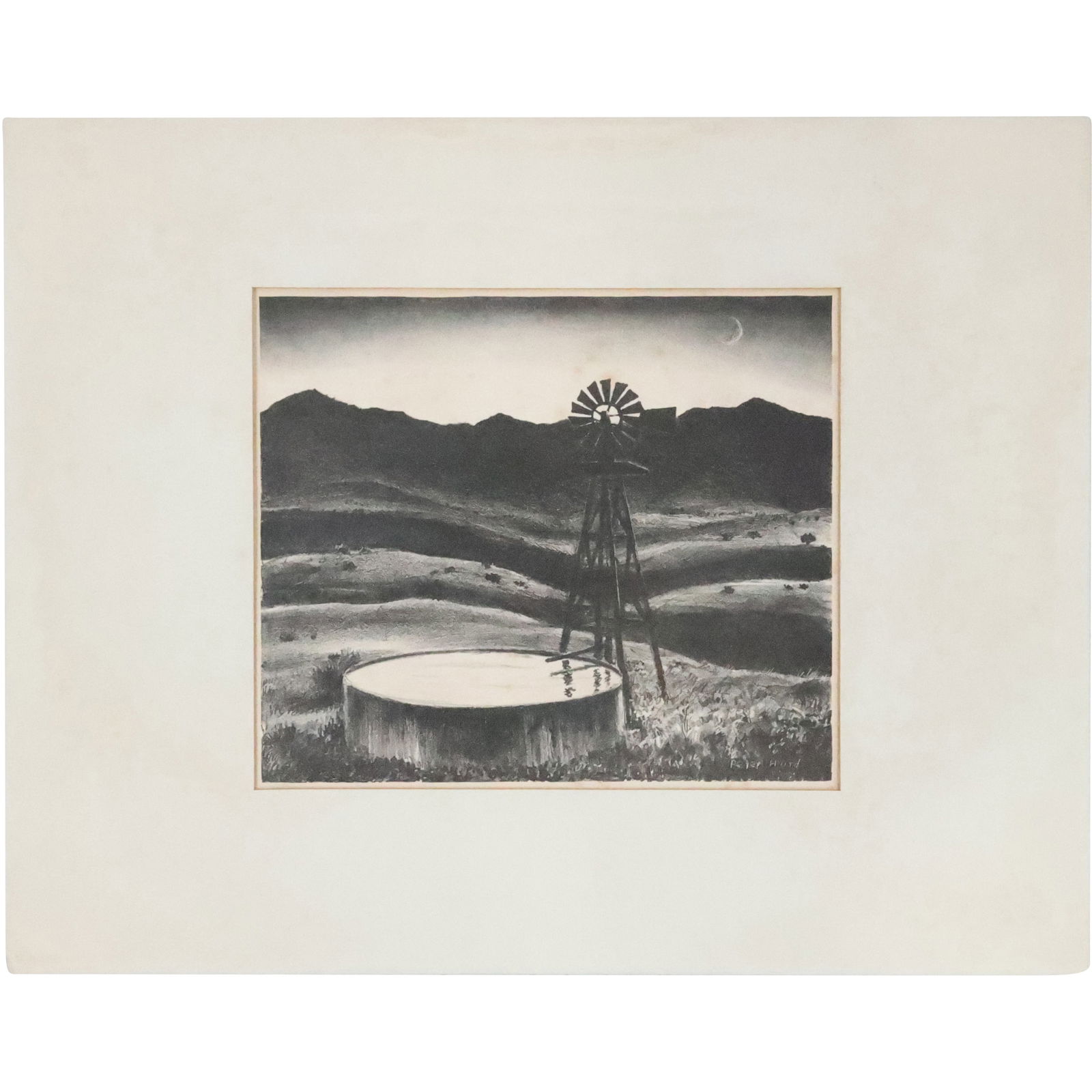 Peter Hurd Western Lithograph Windmill & Well at Night, Signed in Plate Lower Right (1 of 13)