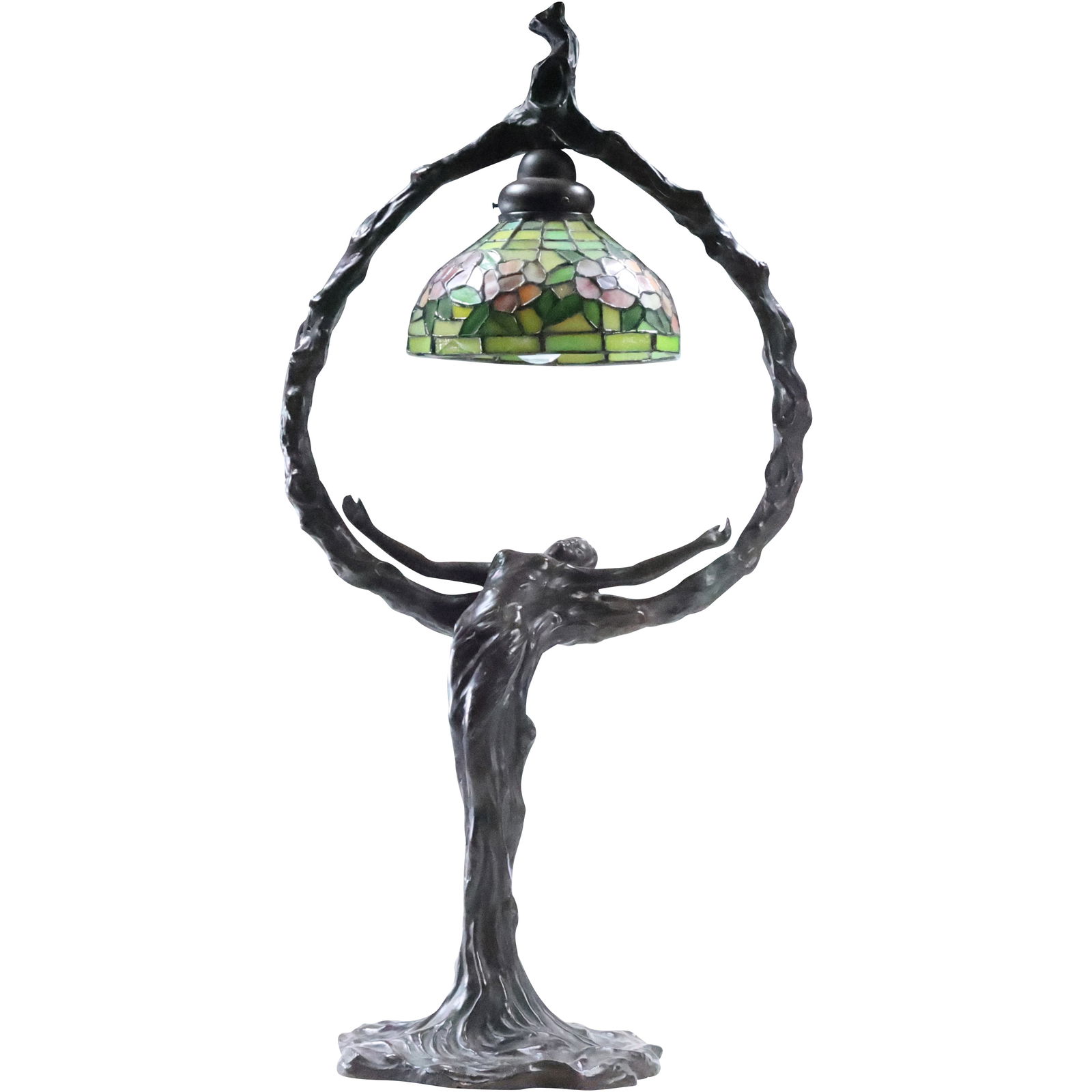 20th C. Fine Quality Bronze Art Nouveau Woman Figurative Harp Lamp with Leaded Glass Shade (1 of 16)