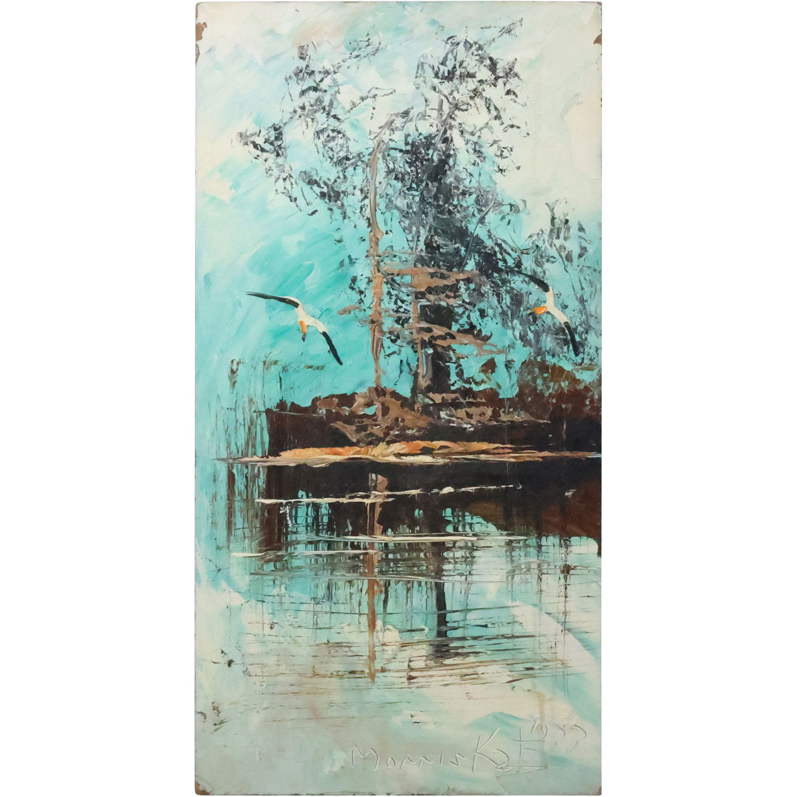 Morris Katz 1977 Jewish American Acrylic Painting Lake with Seagull: Morris Katz 1977 Jewish American Acrylic Painting Lake with Seagull. Well Listed Artist. size: 24 x 12 ASKart: Morris Katz (born Moshe Katz on March 5, 1932 in Galicia, Poland, died November 12, 2010