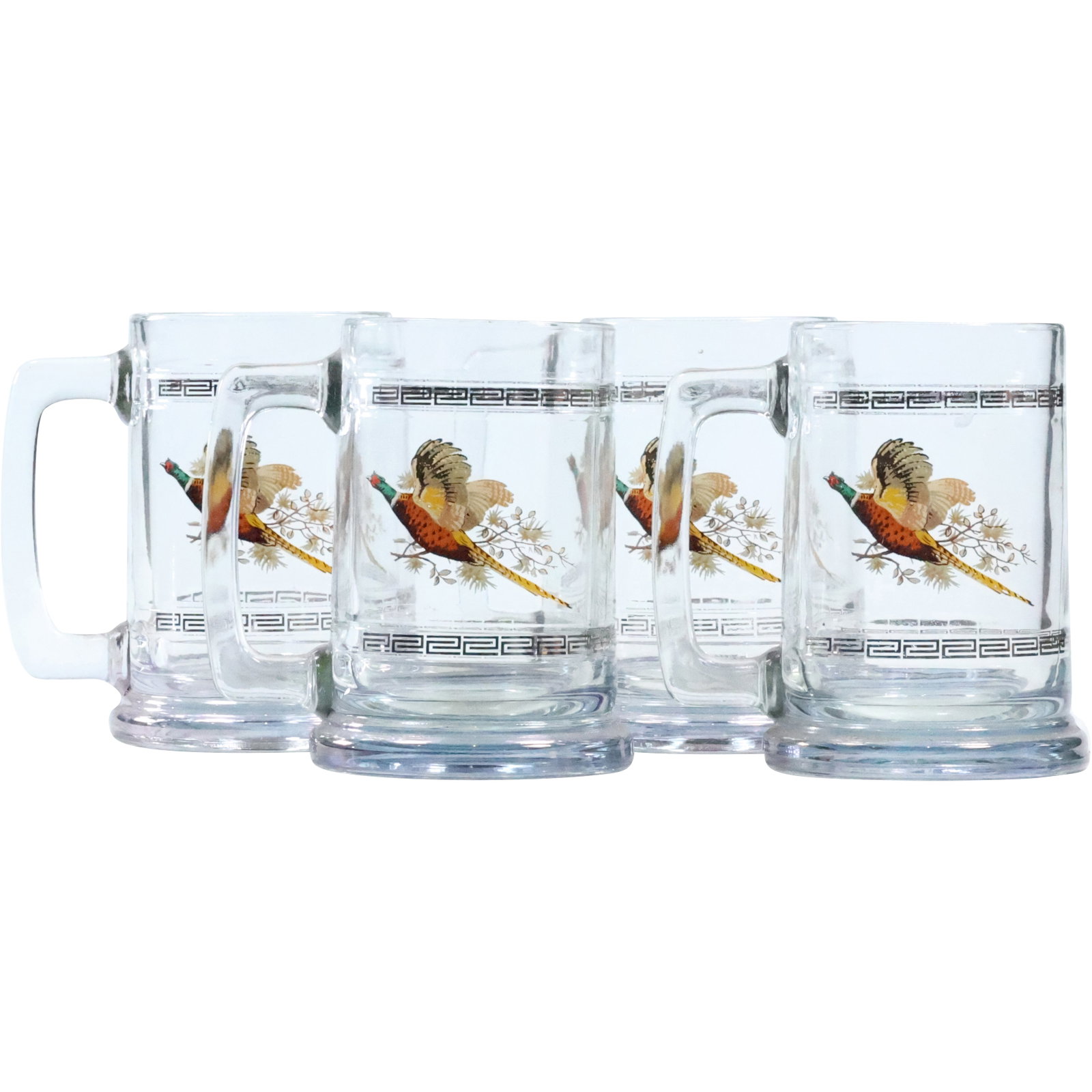 Set 4 Crystal Glass Mugs with Pheasant Birds: Set 4 Crystal Glass Mugs with Pheasant Birds. size: 5.25 x 5 x 4 shelf F