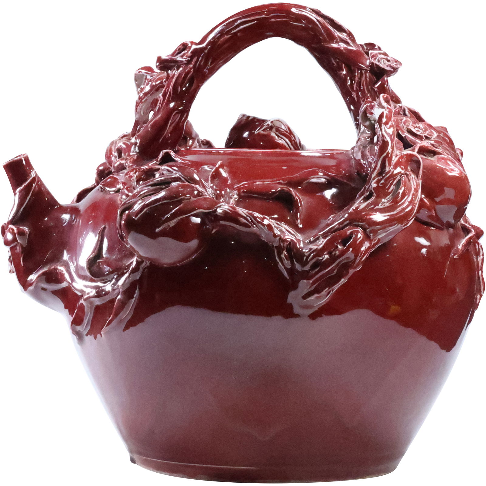 Large Red Majolica Tea Pot with Top Relief Plums, Vines and Roses 15.5 in. height x 16 in. wide (1 of 16)