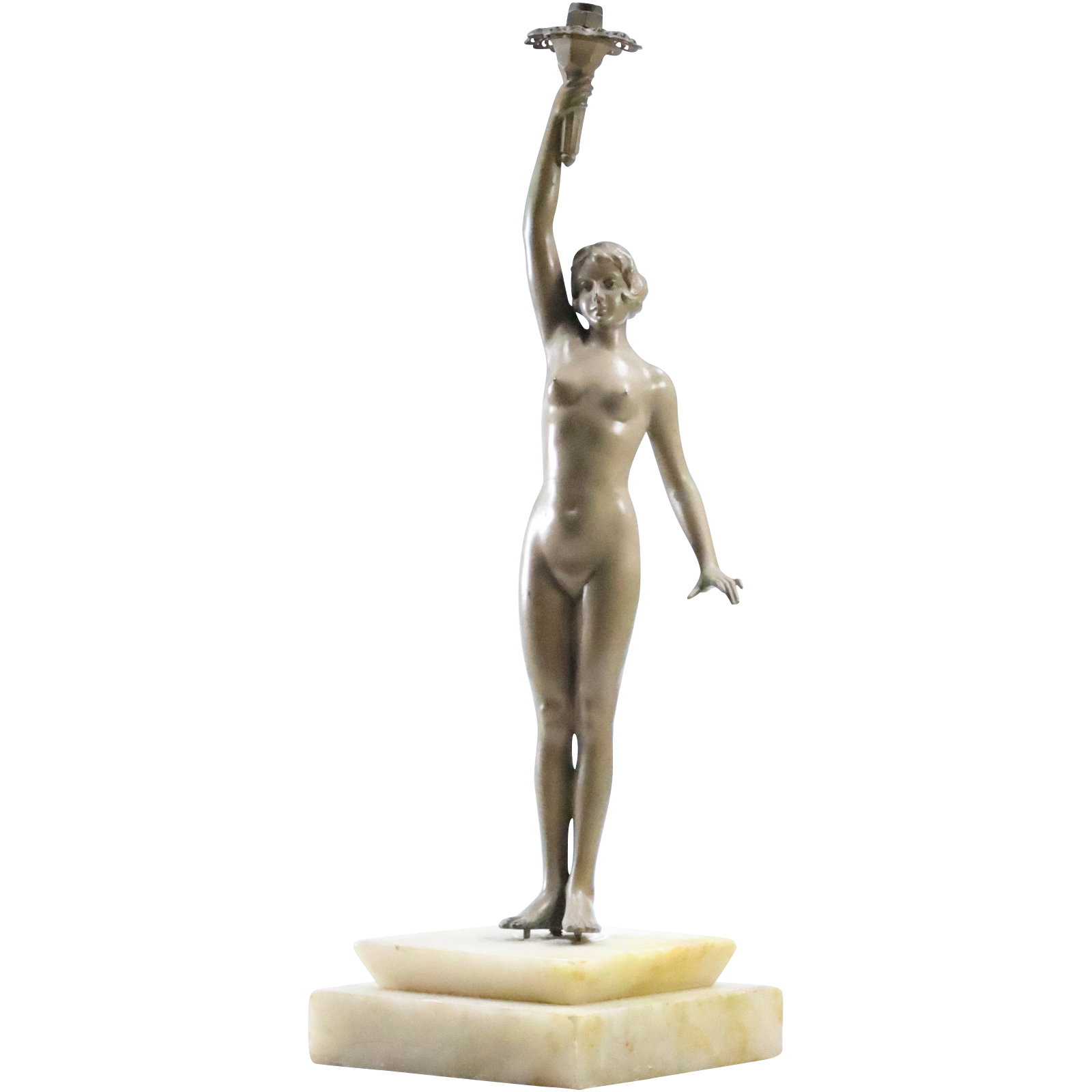 Circa 1920s Art Deco Cast Metal Standing Nude Lamp Base - Good Patina, Onyx Base, 18 in. height: Circa 1920s Art Deco Cast Metal Standing Nude Lamp Base - Good Patina, Onyx Base, 18 in. height. size: 18 x 8.5 x 6.5 shelf D