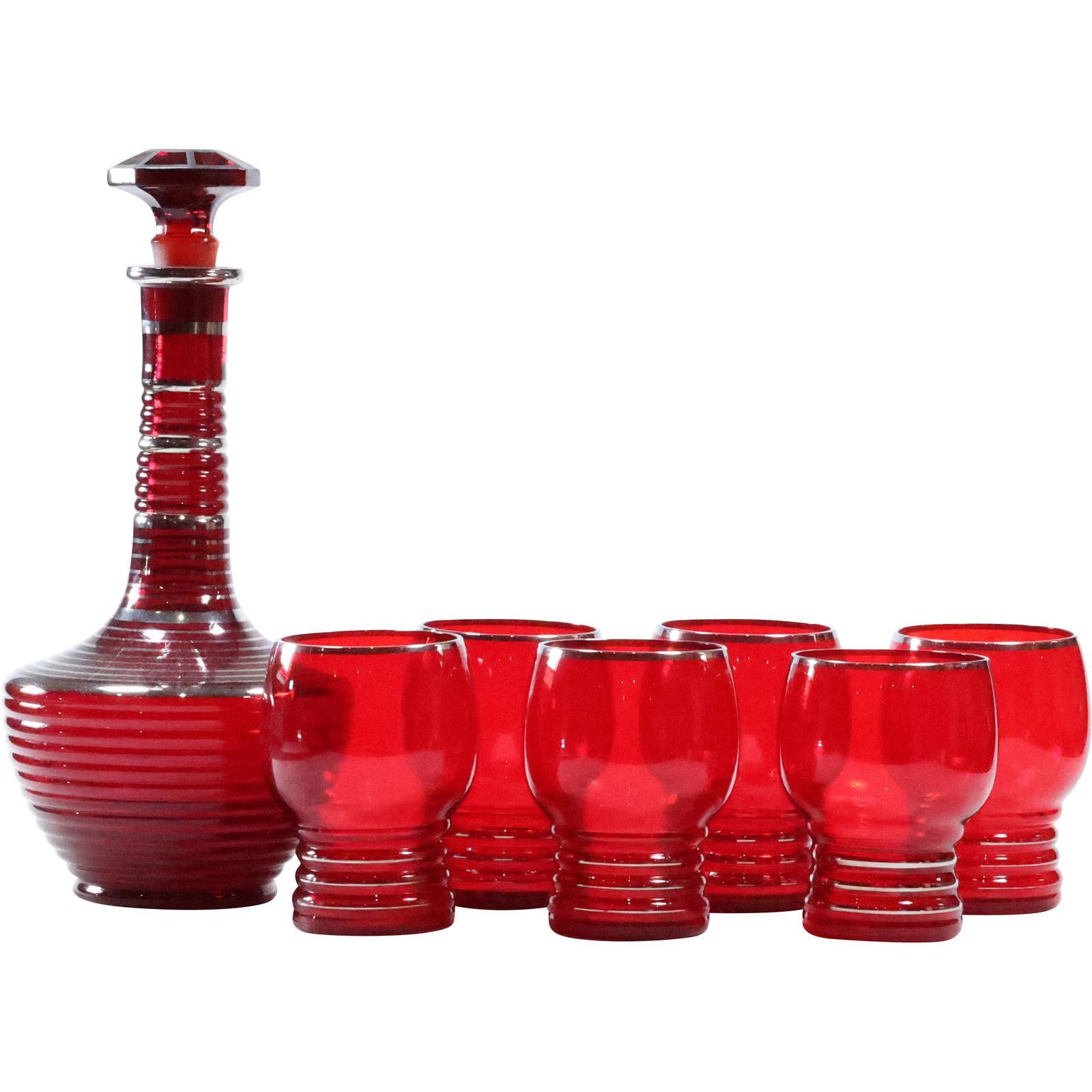 Ruby Red Decanter with Sterling Silver Rings and Set 6 Ruby Red Glass Goblets (1 of 10)
