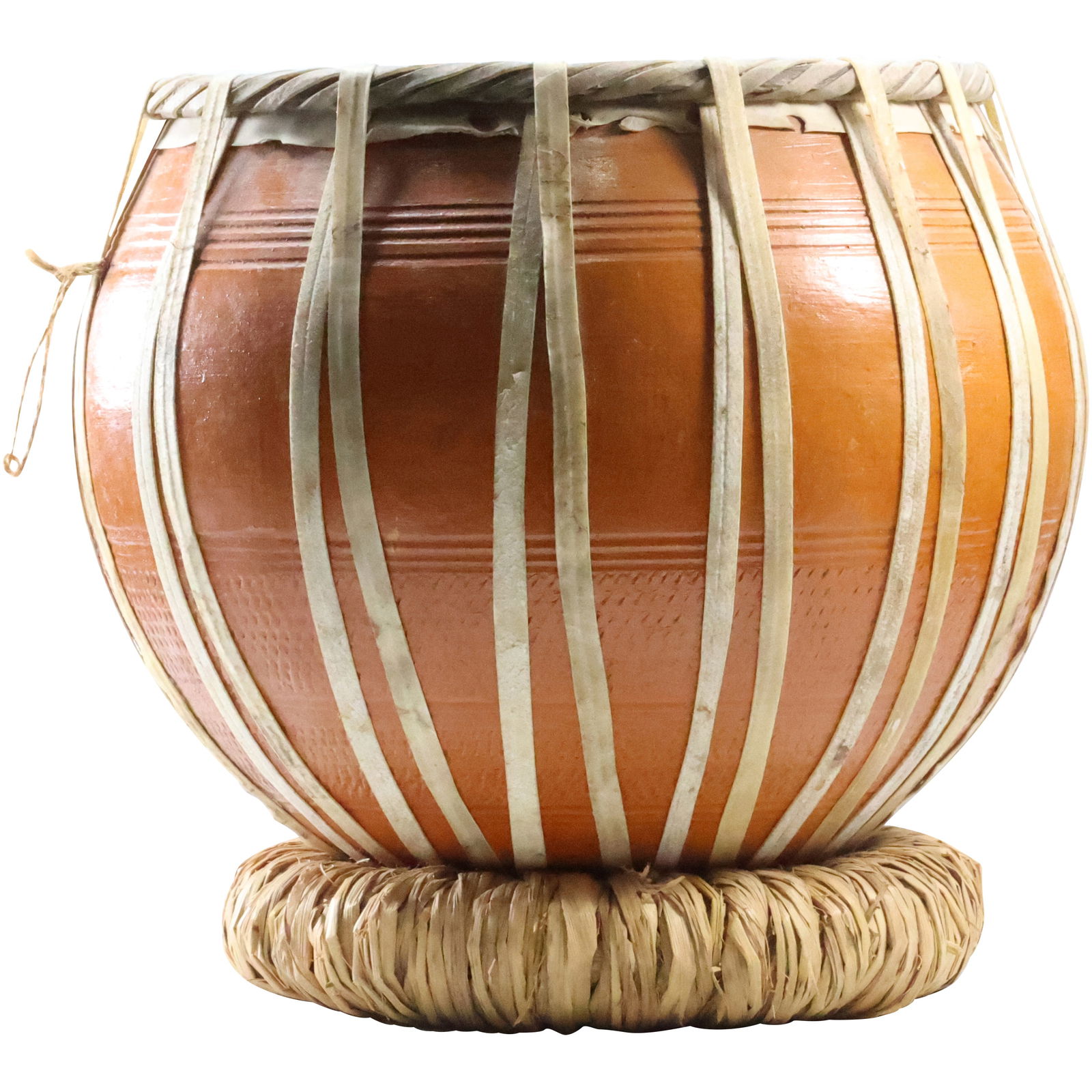 Hand Made Ceramic Baul Drum on Wicker Reed Base 11 in. height x 12 in. wide (1 of 12)