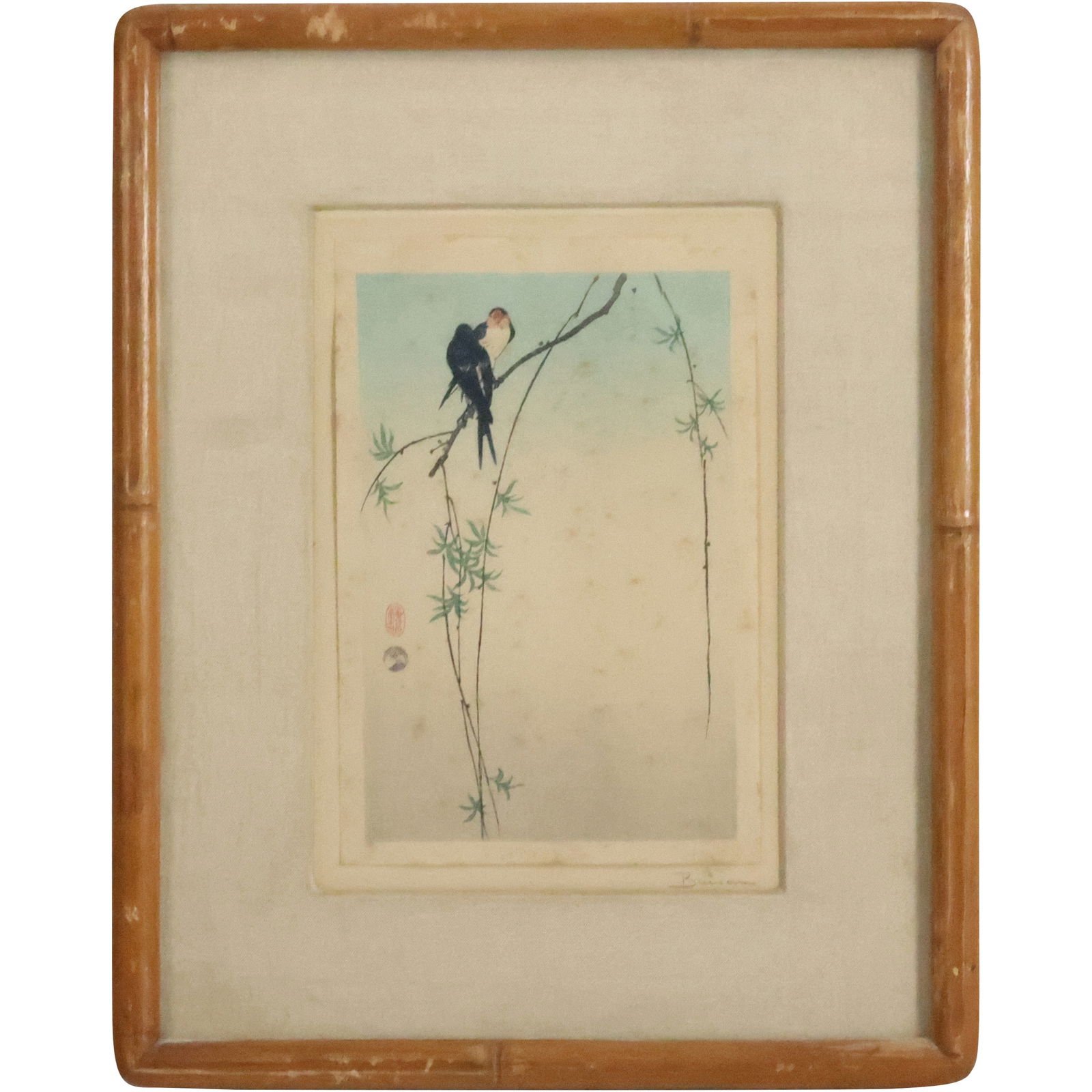 Signed Baisan, Vintage Japanese Lithograph 2 Birds on a Branch, Framed (1 of 11)