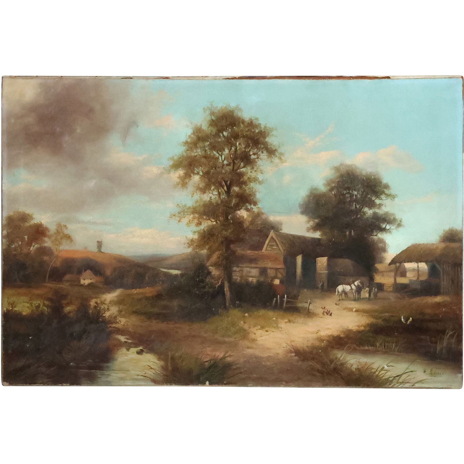 Robert Leslie, 19th C. Oil on Canvas Painting Landscape of a Working Farm, Horses (1 of 14)