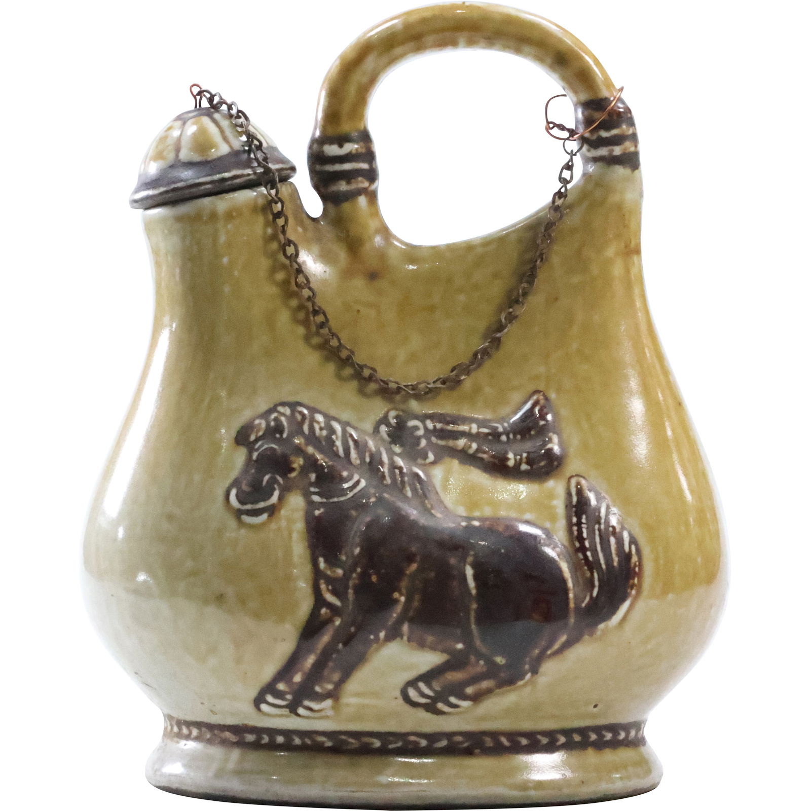 Chinese Ceramic Horse Vessel Pitcher with Embossed Trojan Horse 7.5 in. height (1 of 13)