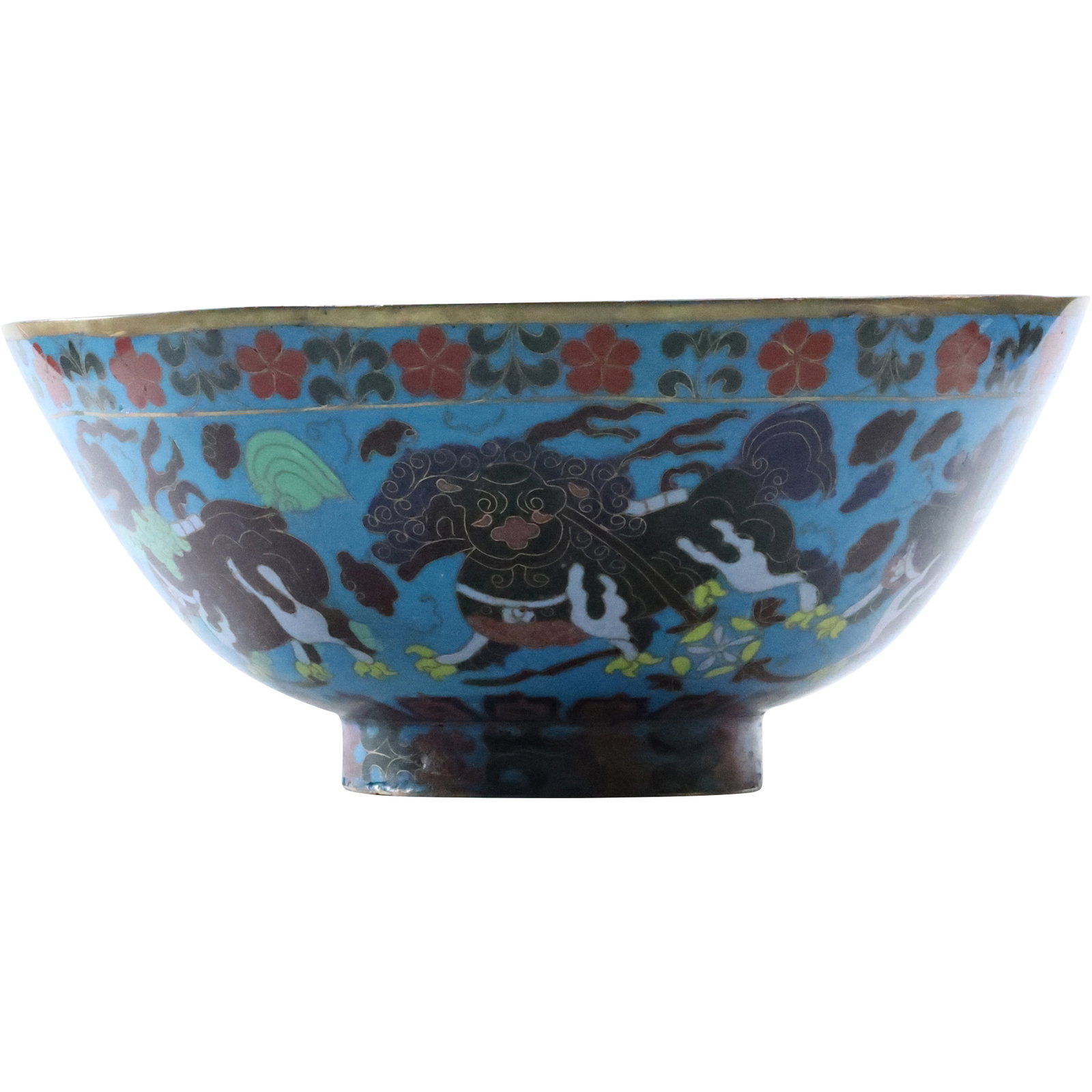 Signed Chinese Cloisonee 12 in. diameter Center Bowl with Buddhist Lion, Koi Fish: Signed Chinese Cloisonee 12 in. diameter Center Bowl with Buddhist Lion, Koi Fish. size: 5.5 x 12 shelf D