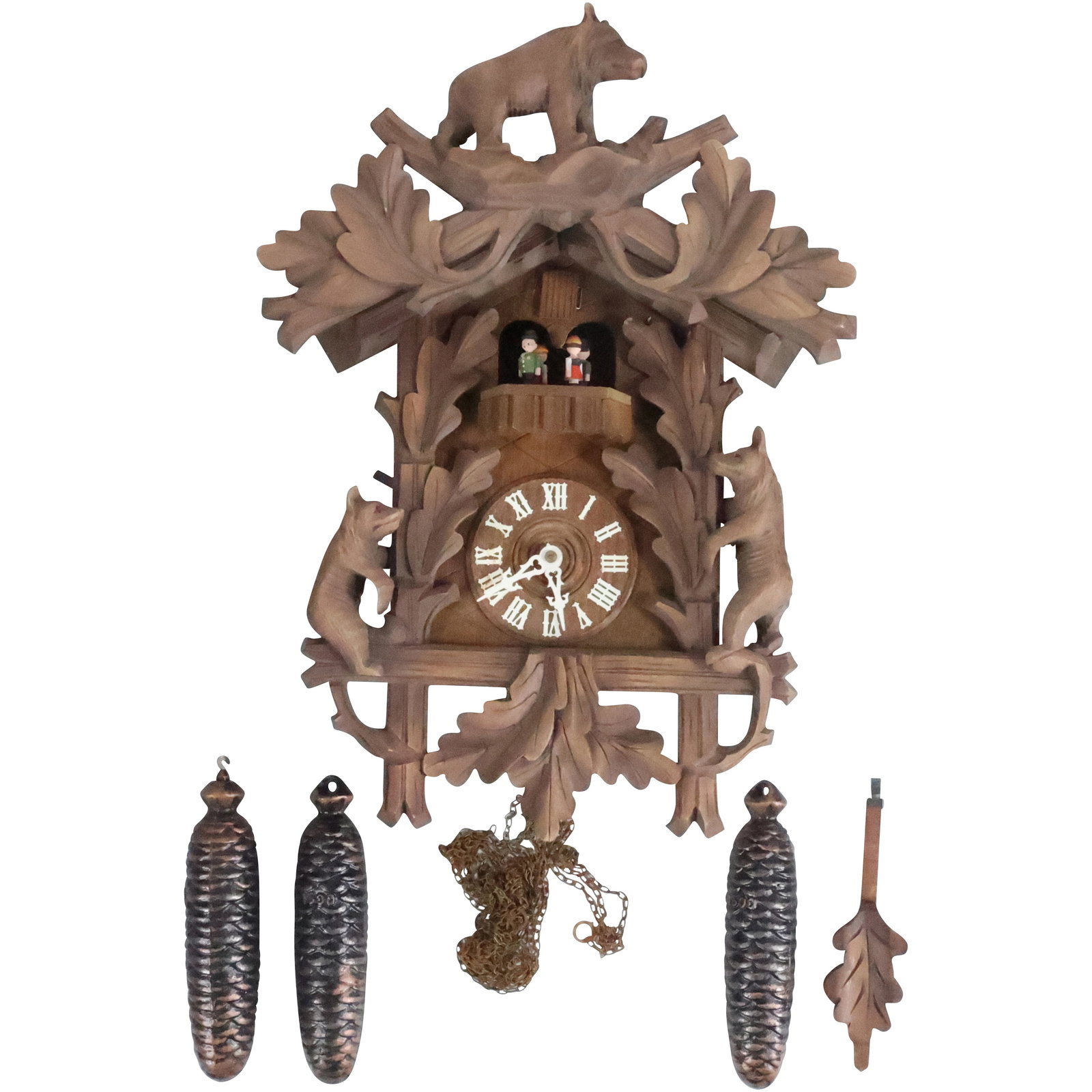 Unusual Carved Walnut Black Forest BEARS Cuckoo Clock, 3 Weights Driven, Original Pendulum (1 of 16)