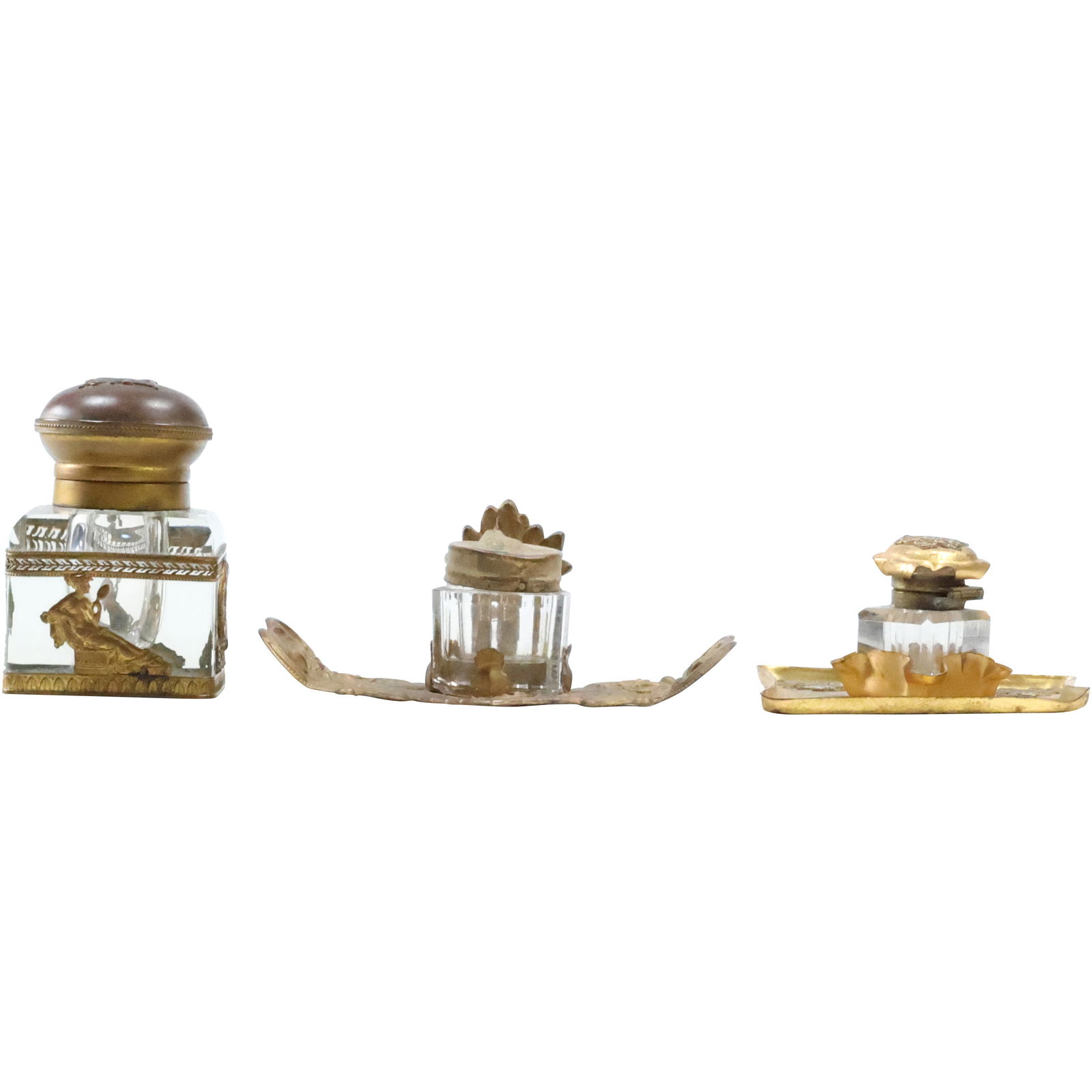 2 Small Brass Desk Top Inkwells: Art Nouveau, Grecian. American Indian (1 of 16)