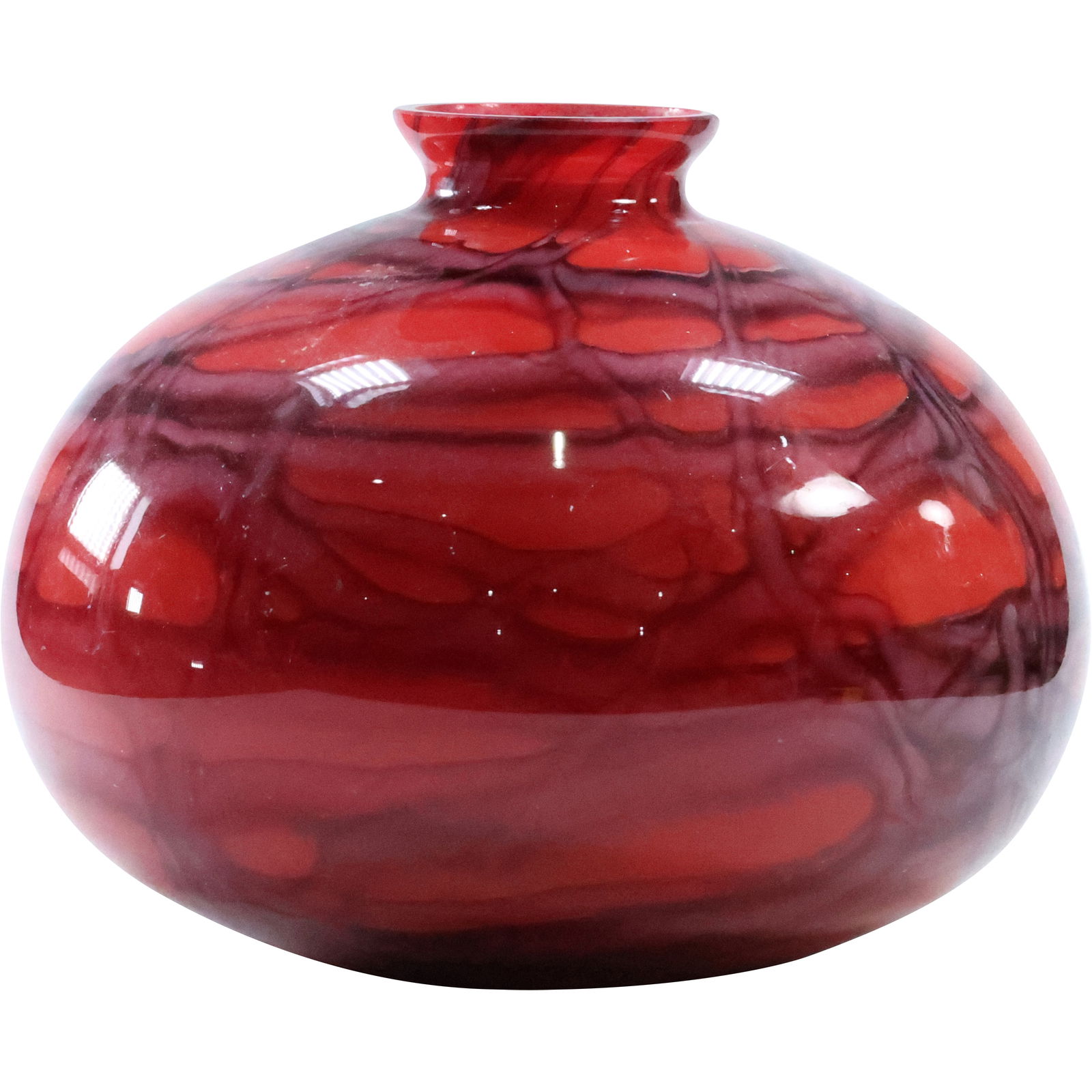 Bulbous Red Glass Modern Design Vase with Abstract Design 7.5 in. height x 9 in. wide (1 of 14)