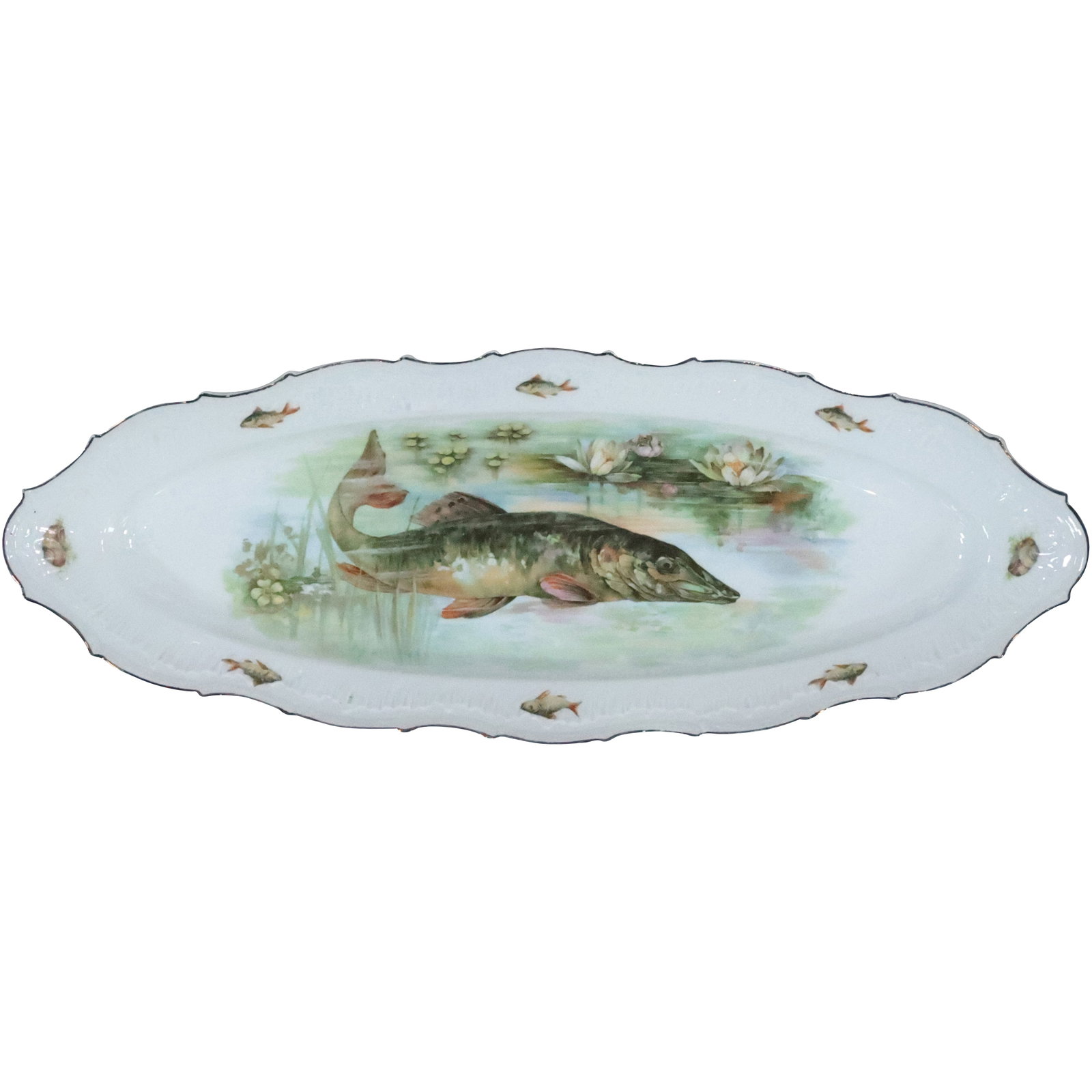 Antique 19th C. Joseph Schachtel (J S) Germany Fish Platter 25 inches length x 9.25 in. wide: Antique Joseph Schachtel (J S) Germany Fish platter size: 2.5 x 25 x 9.25 shelf E