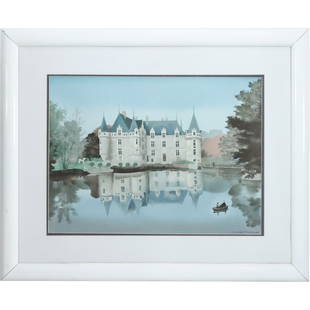 Michel Delacroix, Framed Lithograph "Azay Le Rideau", Signed in Plate: Michel Delacroix, Framed Lithograph "Azay Le Rideau", Signed in Plate. size: 17 x 23 matte, 27.5 x 33.5 outside frame. ASkart: Michel Delacroix (Born 1933) is active/lives in France. Michel Delacroix