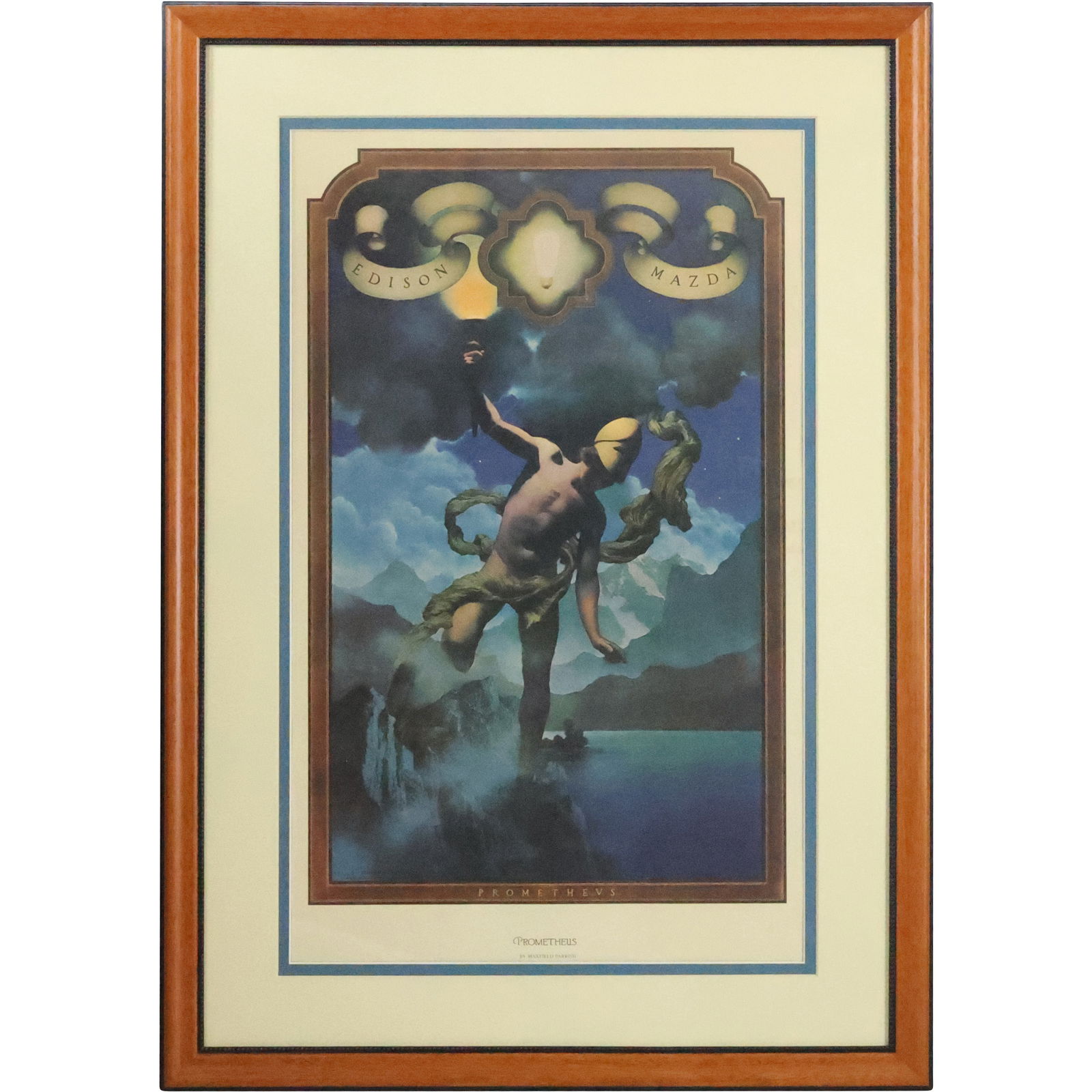 Maxfield Parrish "Prometheus" Edison Mazda Poster 33 in. x 20 in. , Framed 43 in. x 30.25 in.: Maxfield Parrish "Prometheus" Edison Mazda Poster size: 33 x 20 matte, 43 x 30.25 outside frame