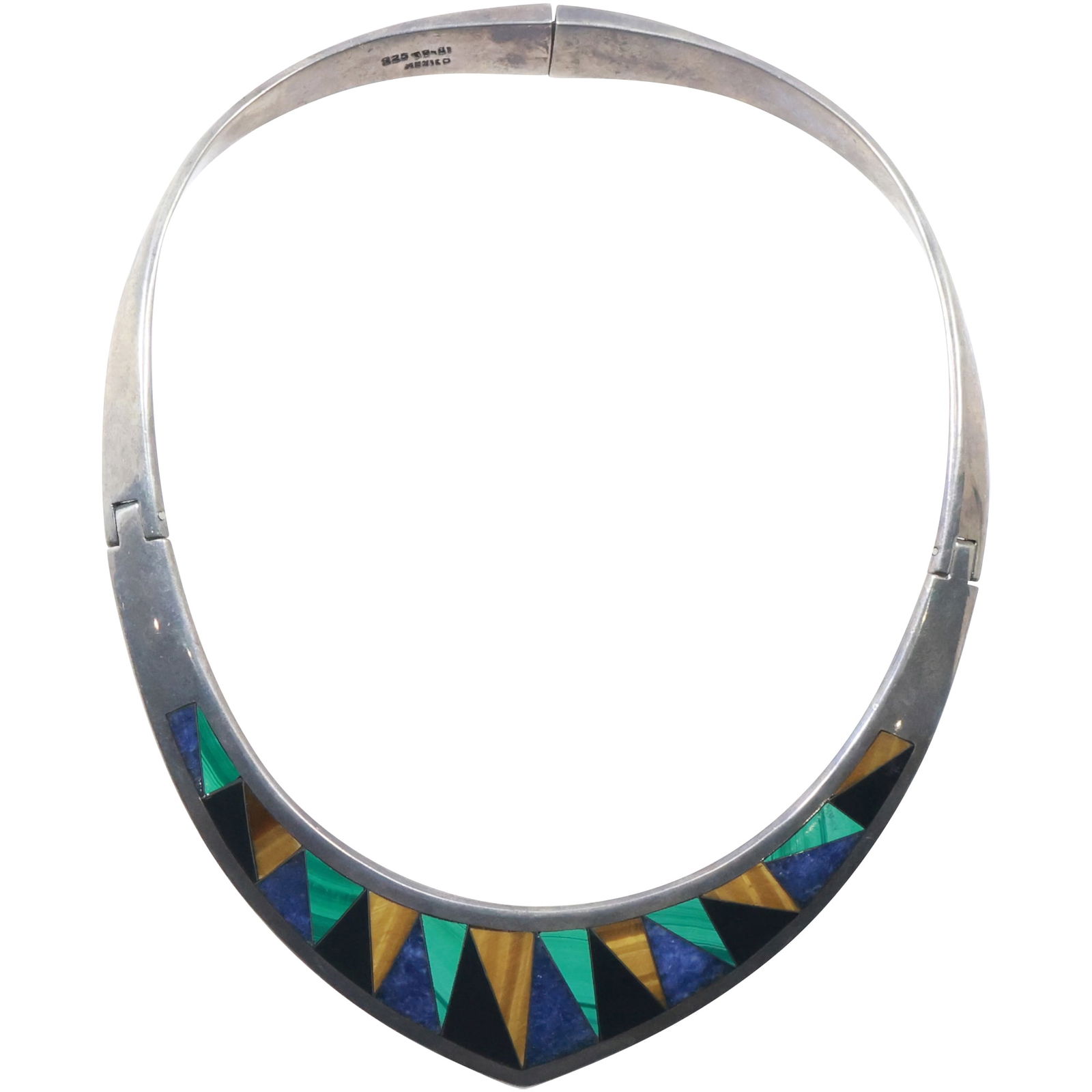 .925 Sterling Silver Mexico TD-61 Malachite, Tiger's Eye, Black Onyx, Lapis Hard Collar Necklace (1 of 13)