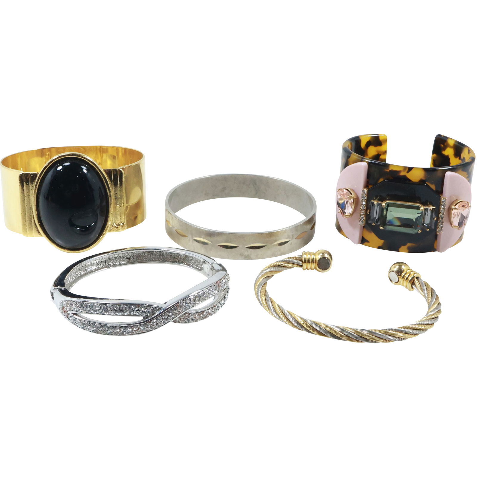 5 Assorted Costume Jewelry Fashion Bracelets: J Crew Faux Turquoise with Pink Green Rhinestones; (1 of 17)