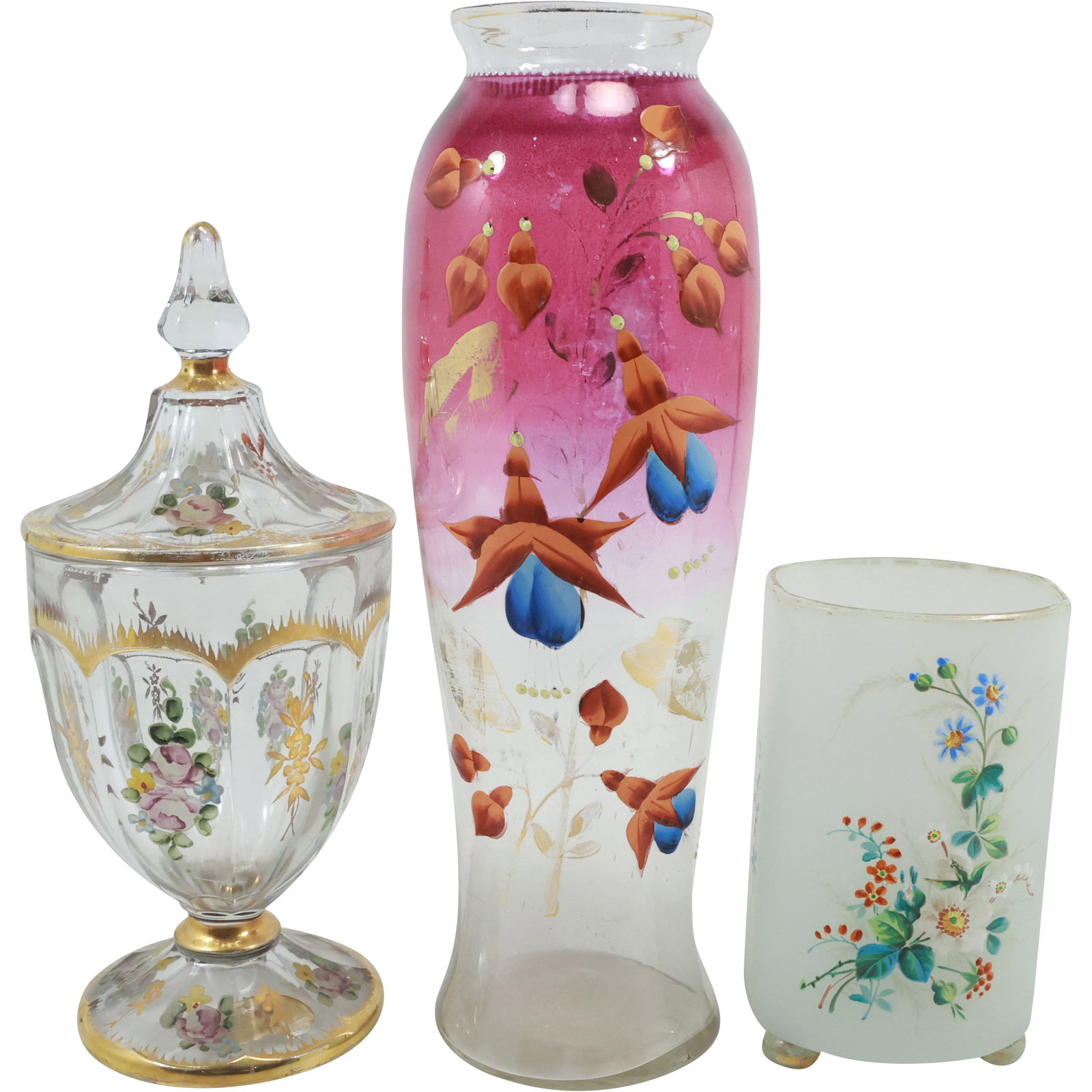 3 Assorted Hand Painted Glass Vases [2] and Hand Painted Flowers Covered Jar (1 of 20)