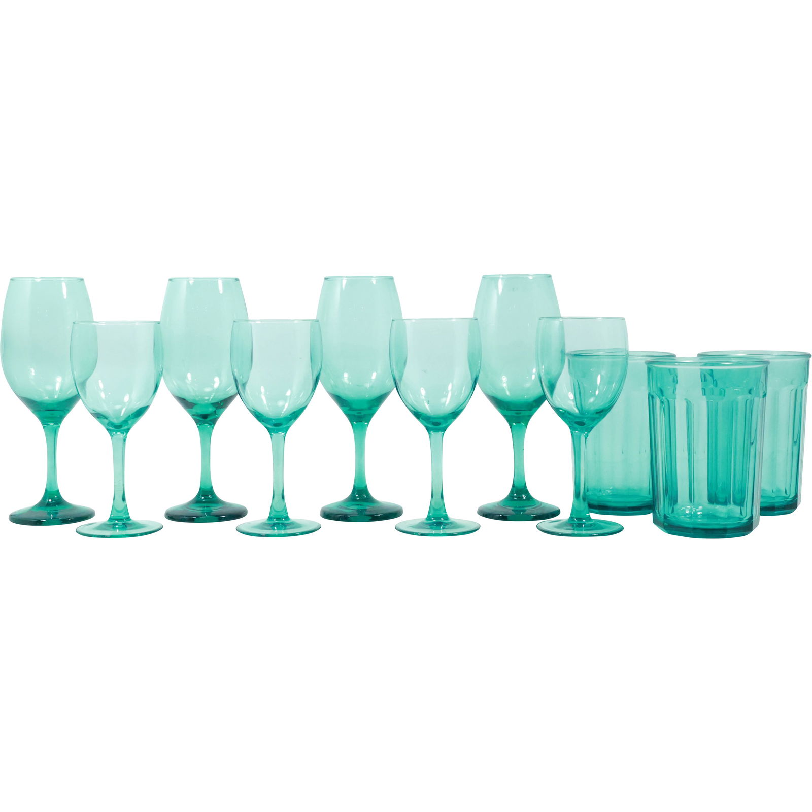 11 Pcs. Teal Green Made in France Wine Glasses 2 Sets of 4 and 3 Goblets: 11 Pcs. Teal Green Made in France Wine Glasses 2 Sets of 4 and 3 Goblets . size: 5.5x3.75 (3x nonstem), 6.75x2.75 (4x smaller stem), 8.25x3 (4x bigger stem) shelf: E
