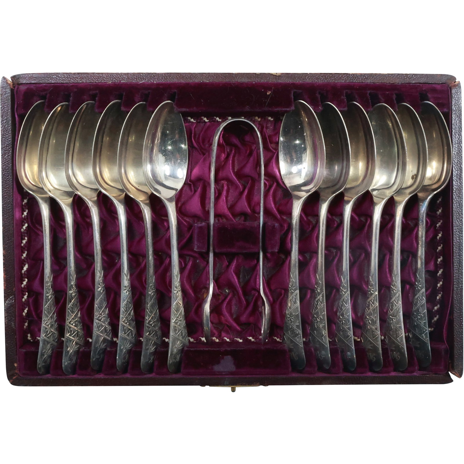 Set 12 Victorian Sterling Silver Dessert Spoons with Tongs in a Fitted Case, Weighs 235.1 grams (1 of 15)