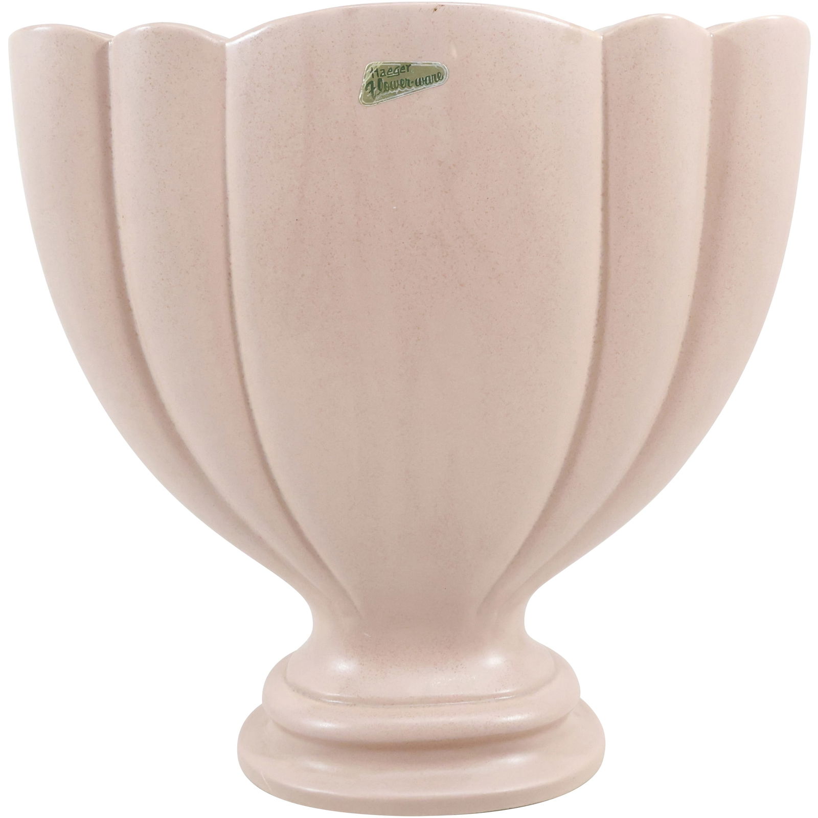 Haeger "Flower-Ware" Pink Ceramic Fan Vase with Original Label 12.75 in. height x 12.5 in.: Haeger "Flower-Ware" Pink Ceramic Fan Vase with Original Label 12.75 in. height x 12.5 in. size: 12.75x12.5 shelf: B