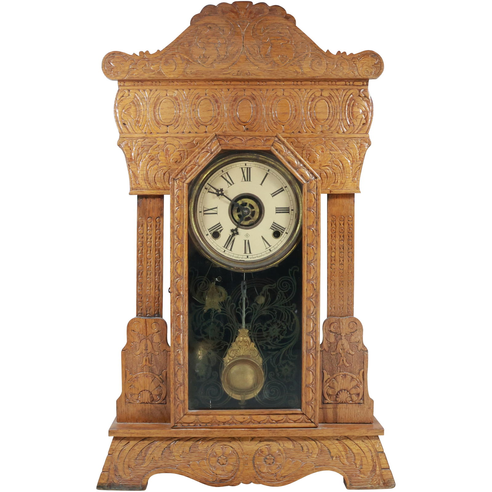 Wm. Gilbert Fancy Oak Case Gingerbread Kitchen Clock with Original Pendulum, 25 in. height (1 of 11)