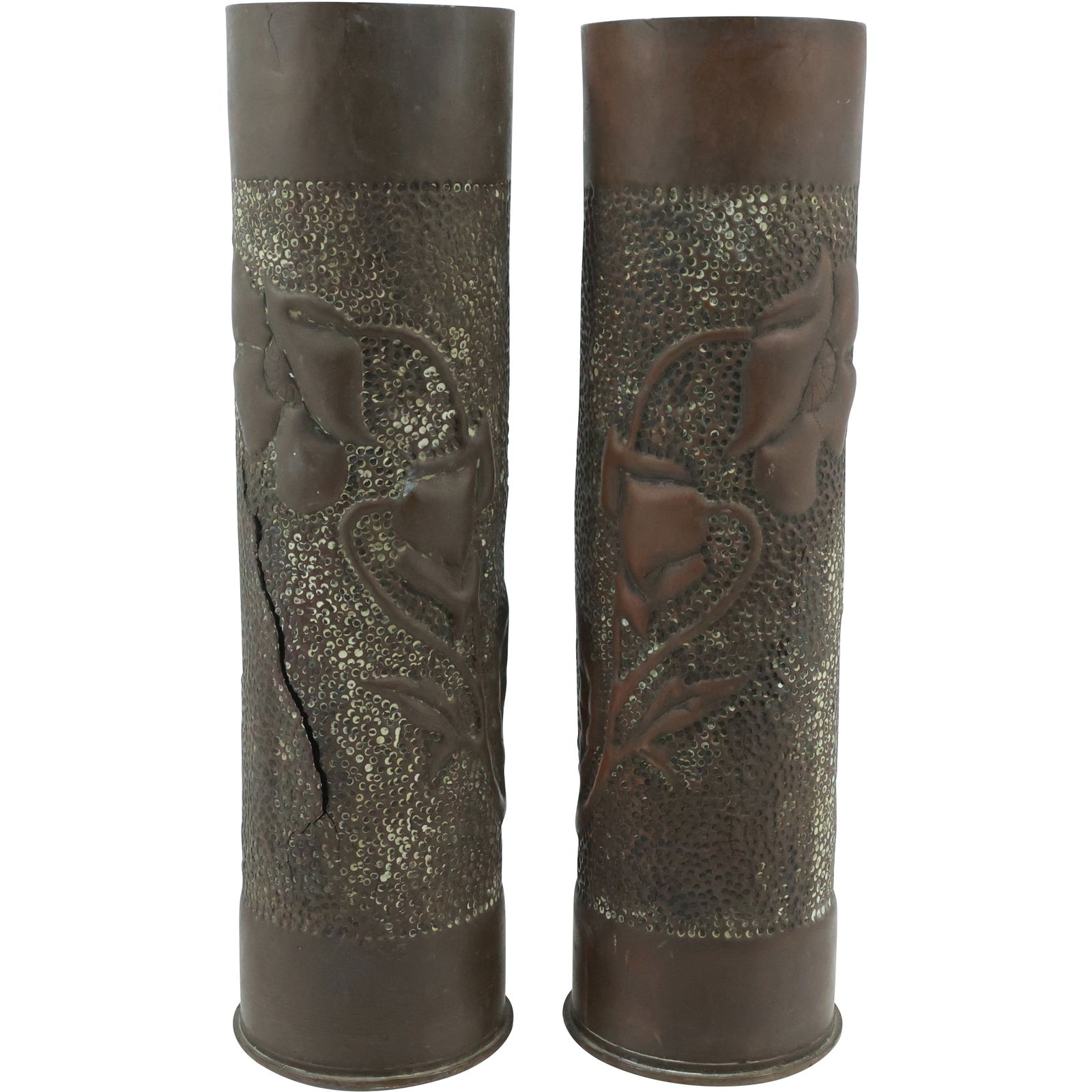 [2] World War I "Trench Art" Brass Shell Case Hand Tooled into Vases 11.75 in. height (1 of 18)