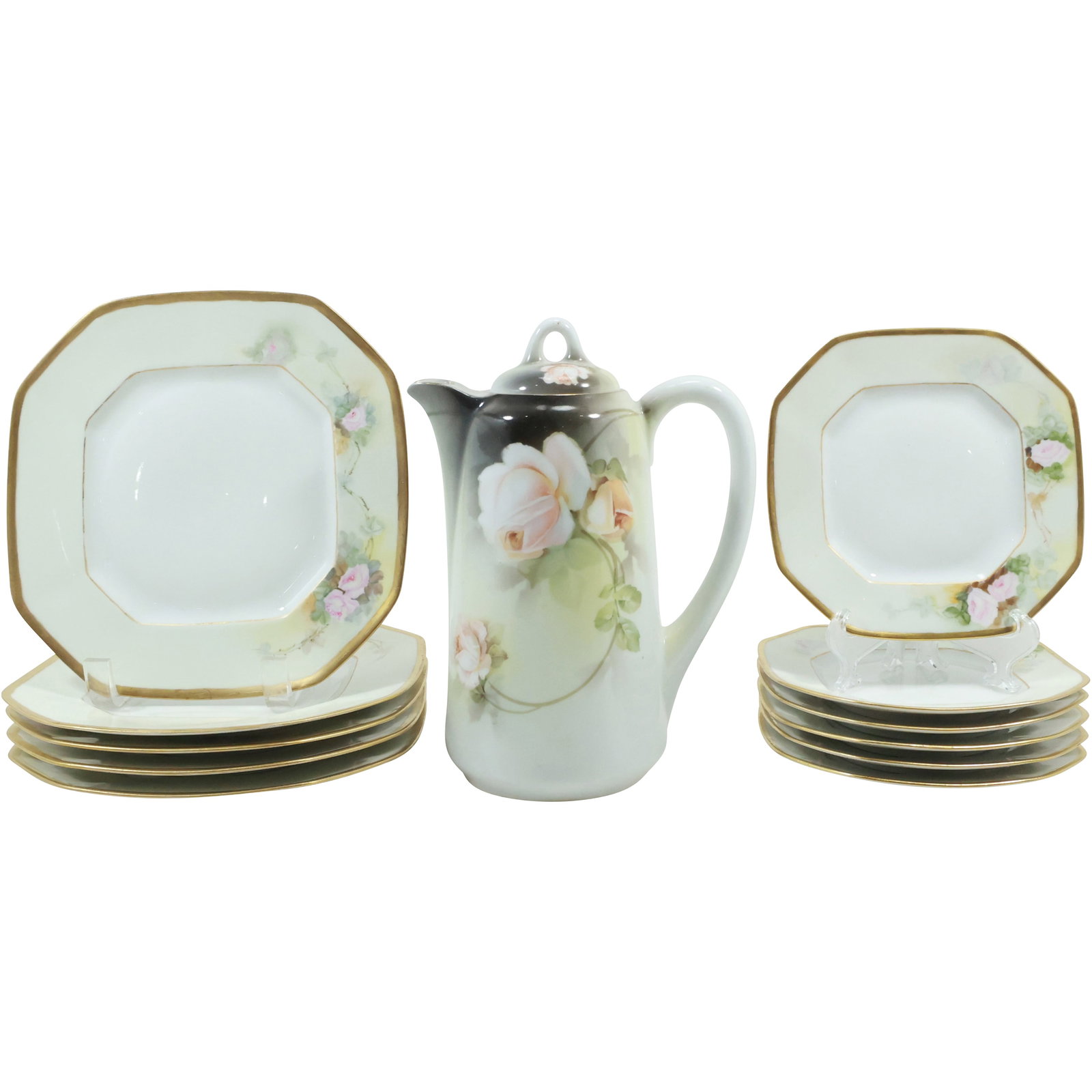 BT Germany 12 Pieces Fine Porcelain Hand Painted Flowers Pitcher, 5 Luncheon Plates, 6 Dessert: BT Germany 12 Pieces Fine Porcelain Hand Painted Flowers Pitcher, 5 Luncheon Plates, 6 Dessert plates. size: 9.5x6.75 (pitcher), ,75x8.5 (5x big plates), .75x6.25 (6x small plates) shelf: D