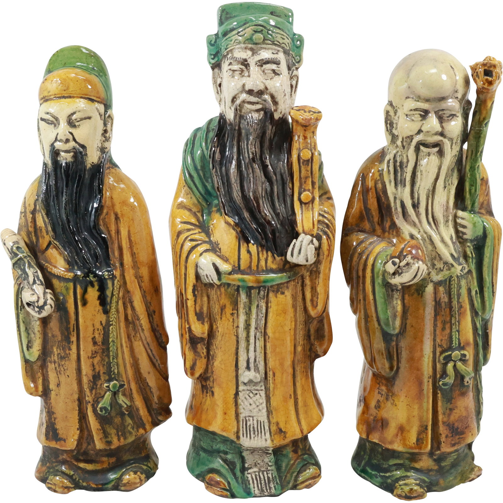 3 Tall Chinese Glazed Pottery Immortals Figures Statues 13.25 in., 13.5 in. and 14.5 in. heights: 3 Tall Chinese Glazed Pottery Immortals Figures Statues 13.25 in., 13.5 in. and 14.5 in. heights. size: 13.25x4.75 (bald), 13.5x4.75 (round hat), 14.5x5 (square hat) shelf: B