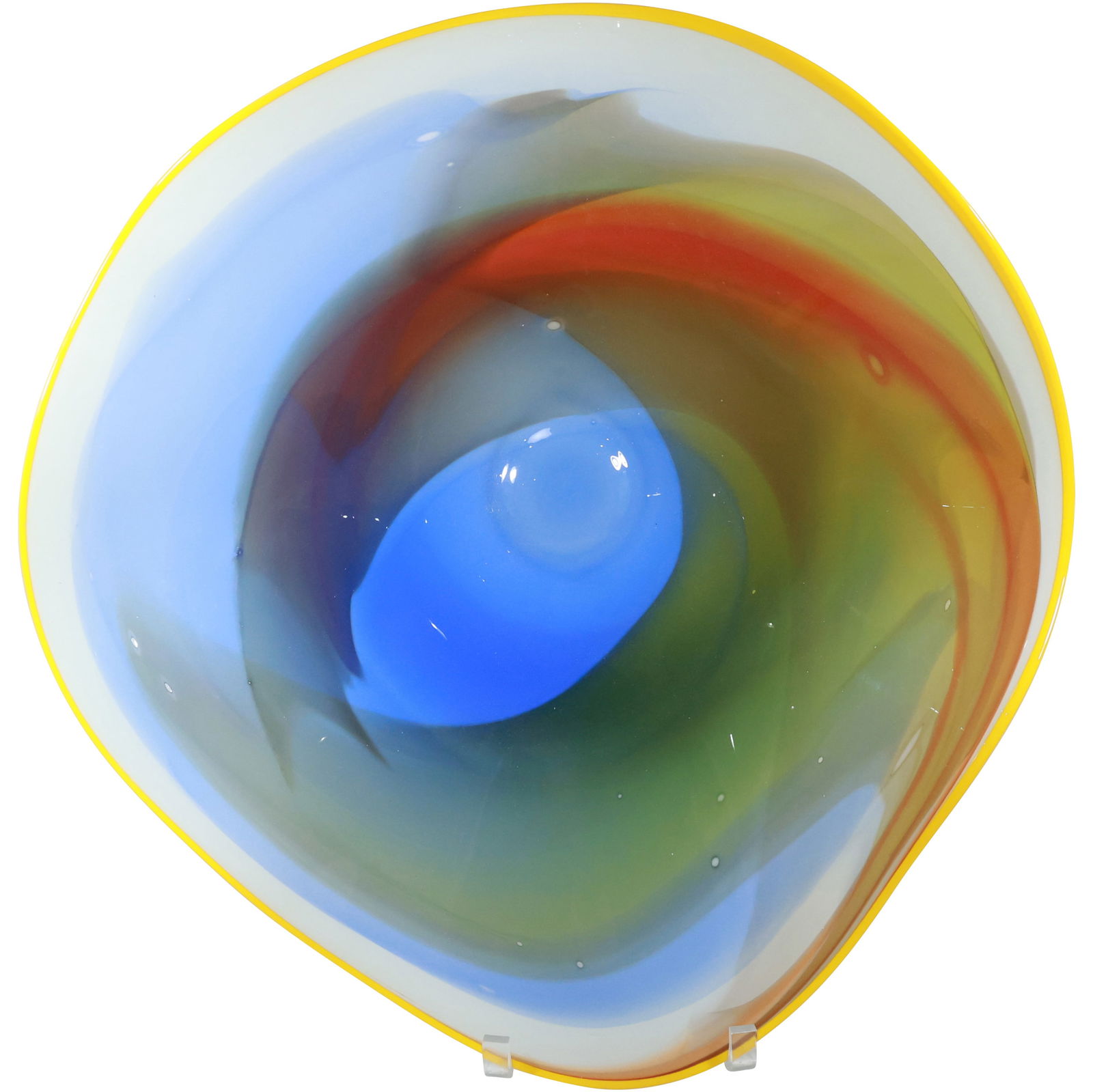 Zac Gorell, Ohio 21st Century, Colorful Blown Glass Free Form Centerpiece Bowl, 2011, blown glass: Zac Gorell, Ohio 21st Century, Colorful Blown Glass Free Form Centerpiece Bowl, 2011, blown glass size: 4.5 in. x 20.5 inches shelf: E