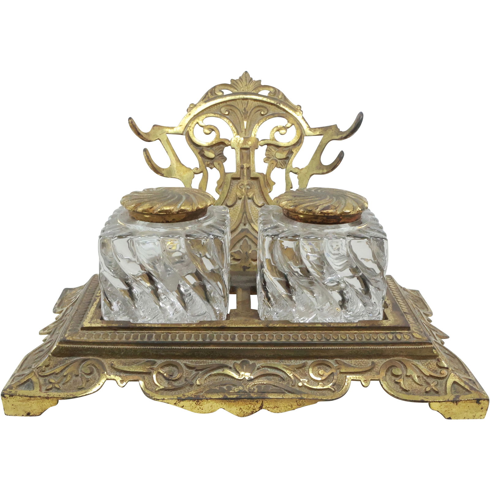 Victorian Fancy Double Desktop Inkwell with Pen Rest, Good Original Patina Finish (1 of 20)