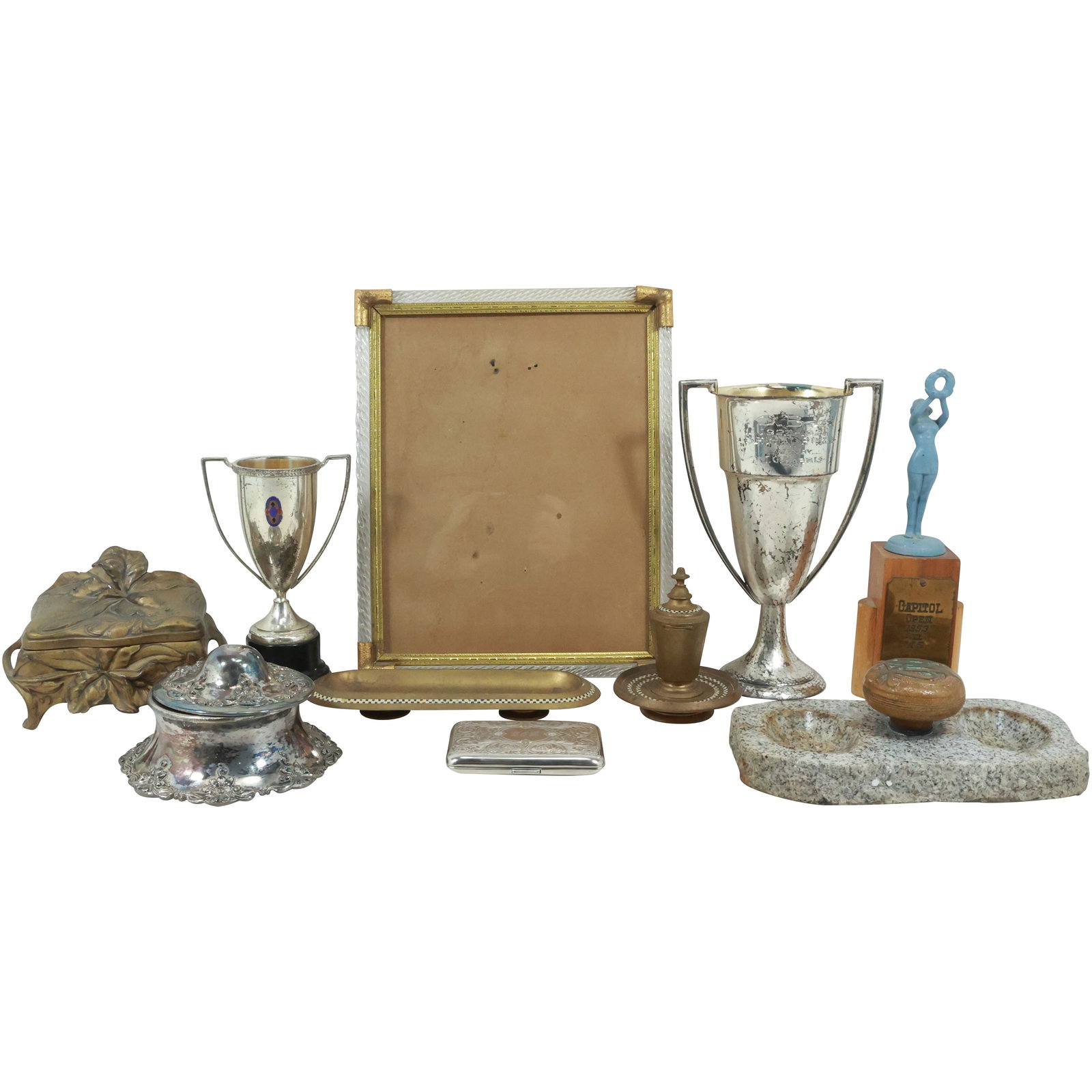 Estate Grouping of 10 Assorted Items: 2 Trophys, Dresser Frame, 2 Covered Dresser Boxes, Marble (1 of 20)