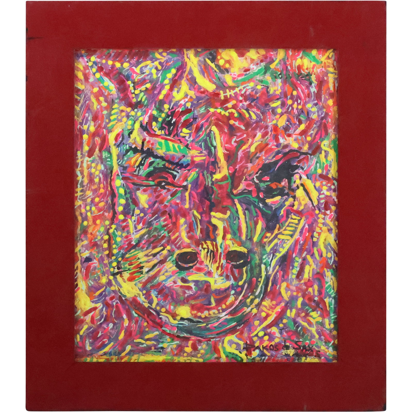 Dakos De Sax, aka Darlyne Sax 20th C. Florida, Abstract titled Year of The Ox, COA on Verso: Dakos De Sax, aka Darlyne Sax 20th C. Florida, Abstract titled Year of The Ox, COA on Verso. size: 19 x 16, 24.5 x 21.25 outside frame