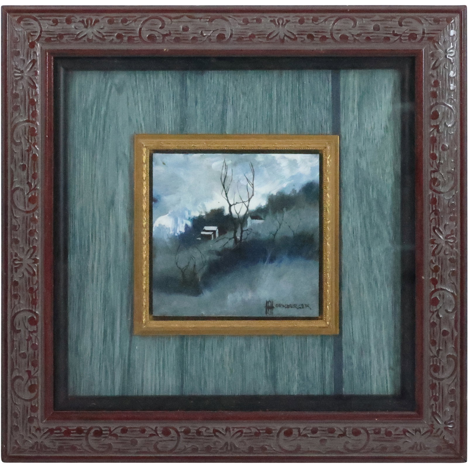 Don Hornberger 1921-2006, Oil on Board Painting Storm over Hillside Farm, Signed, Framed: Don Hornberger 1921-2006, Oil on Board Painting Storm over Hillside Farm, Signed, Framed. Listed American Artist. size: 5.75 x 5.75, 16 x 16 outside frame. ASKart: Don Hornberger (1921 - 2006) was act