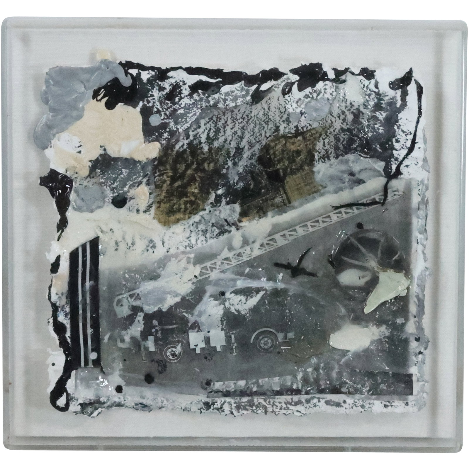 Shelia Elias, 20th C. Abstract Oil on Canvas Painting "Grey Fire Truck / Silver Moon": Shelia Elias, 20th C. Abstract Oil on Canvas Painting "Grey Fire Truck / Silver Moon". size: 13.5 x 14.5