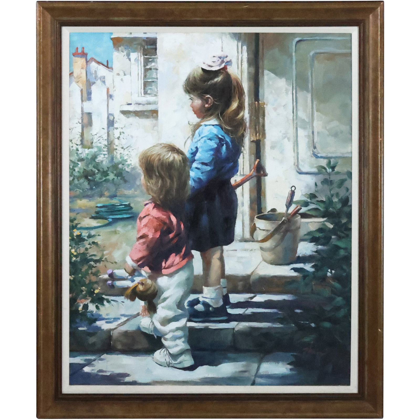 Signed Shaw, Oil on Canvas Painting Children on The Front Steps, Framed: Signed Shaw, Oil on Canvas Painting Children on The Front Steps, Framed. size: 30 x 24, 35 x 29 outside frame
