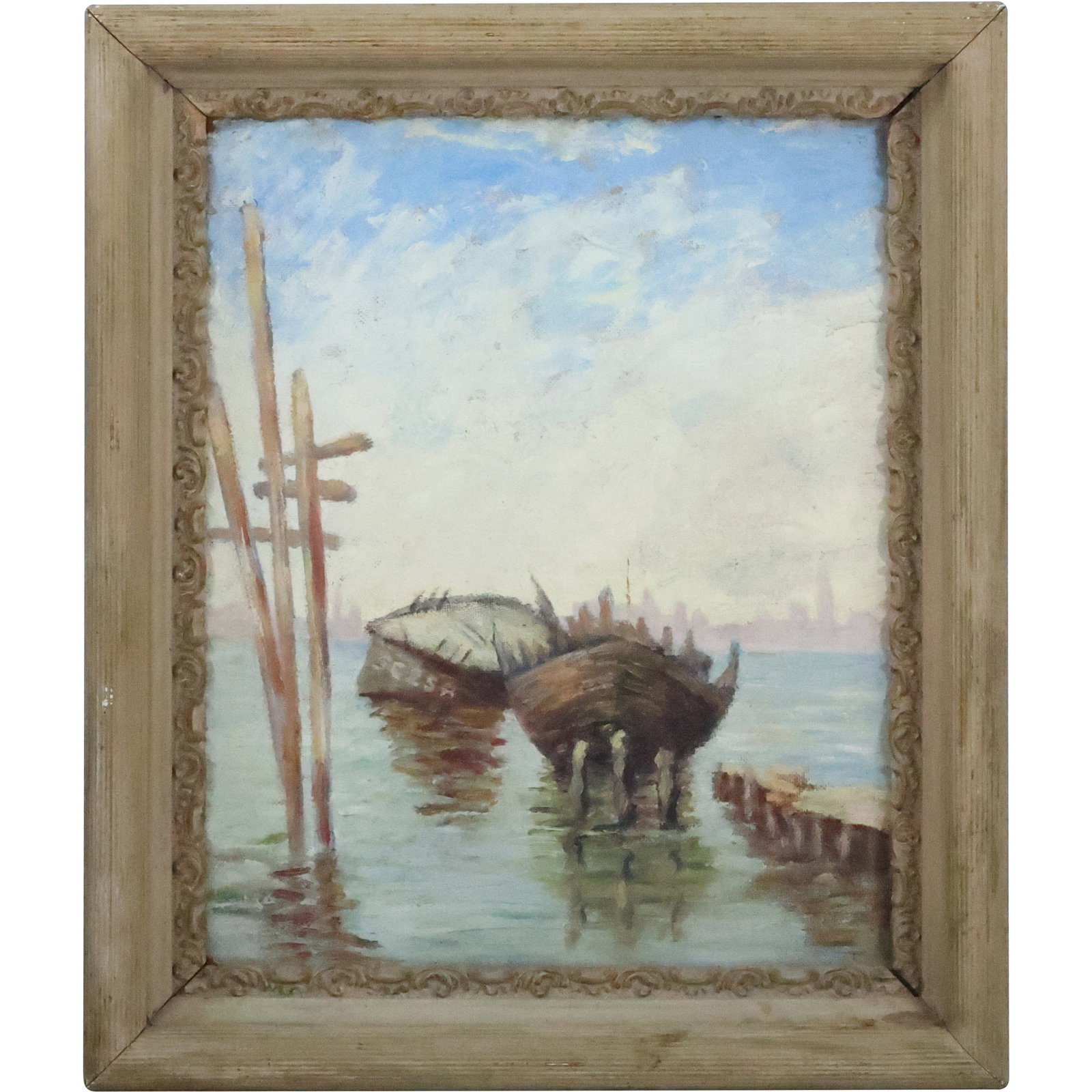 Vintage Oil on Board Painting, Docked Boats in The Harbor, Framed: Vintage Oil on Board Painting, Docked Boats in The Harbor, Framed. size: 20.25 x 16.25, 25.25 x 21.25 outside frame