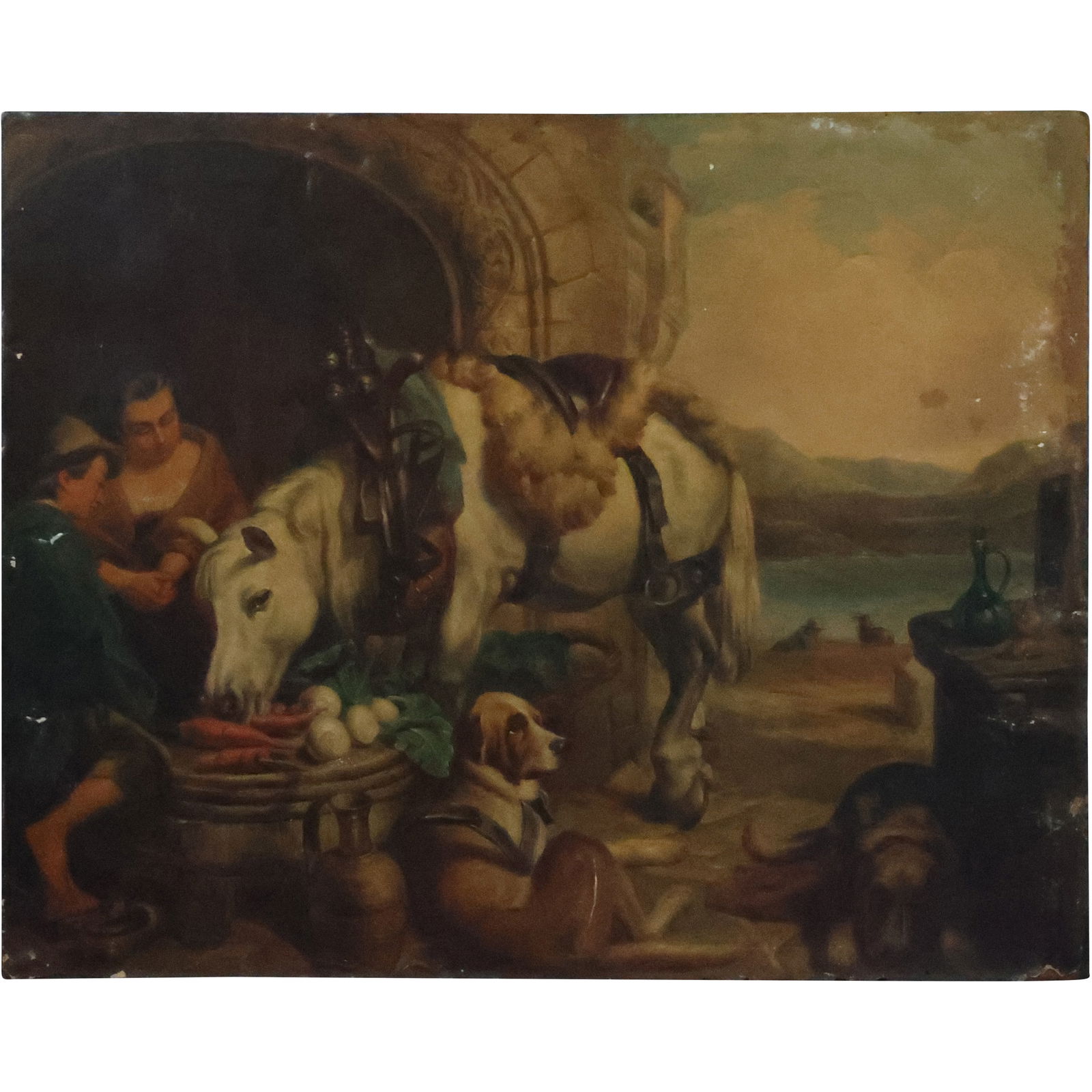 after Edwin Landseer, 19th C. Oil Painting on Canvas Mounted on Wood Board, Horse Feeding (1 of 20)