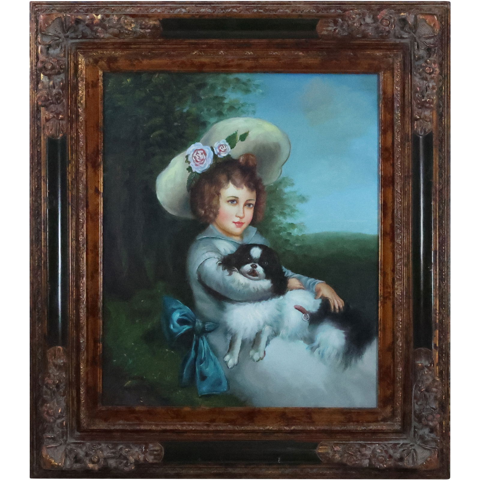 Signed Blake, 20th C. Oil on Canvas Painting Young Fashion Girl Holding Small Dog, Framed (1 of 13)