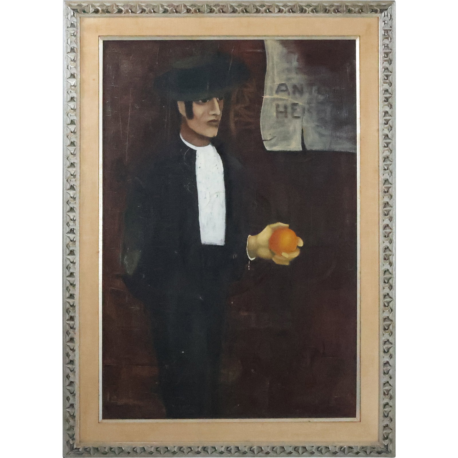 Andres Monreal, Chile, Vintage Oil on Canvas Painting Man Standing Holding an Orange, Framed: Andres Monreal, Chile, Vintage Oil on Canvas Painting Man Standing Holding an Orange, Framed. size: 36 x 24, 43 x 31 outside frame. ASKart: Andres Monreal is active/lives in Chile. Andres Monreal is k