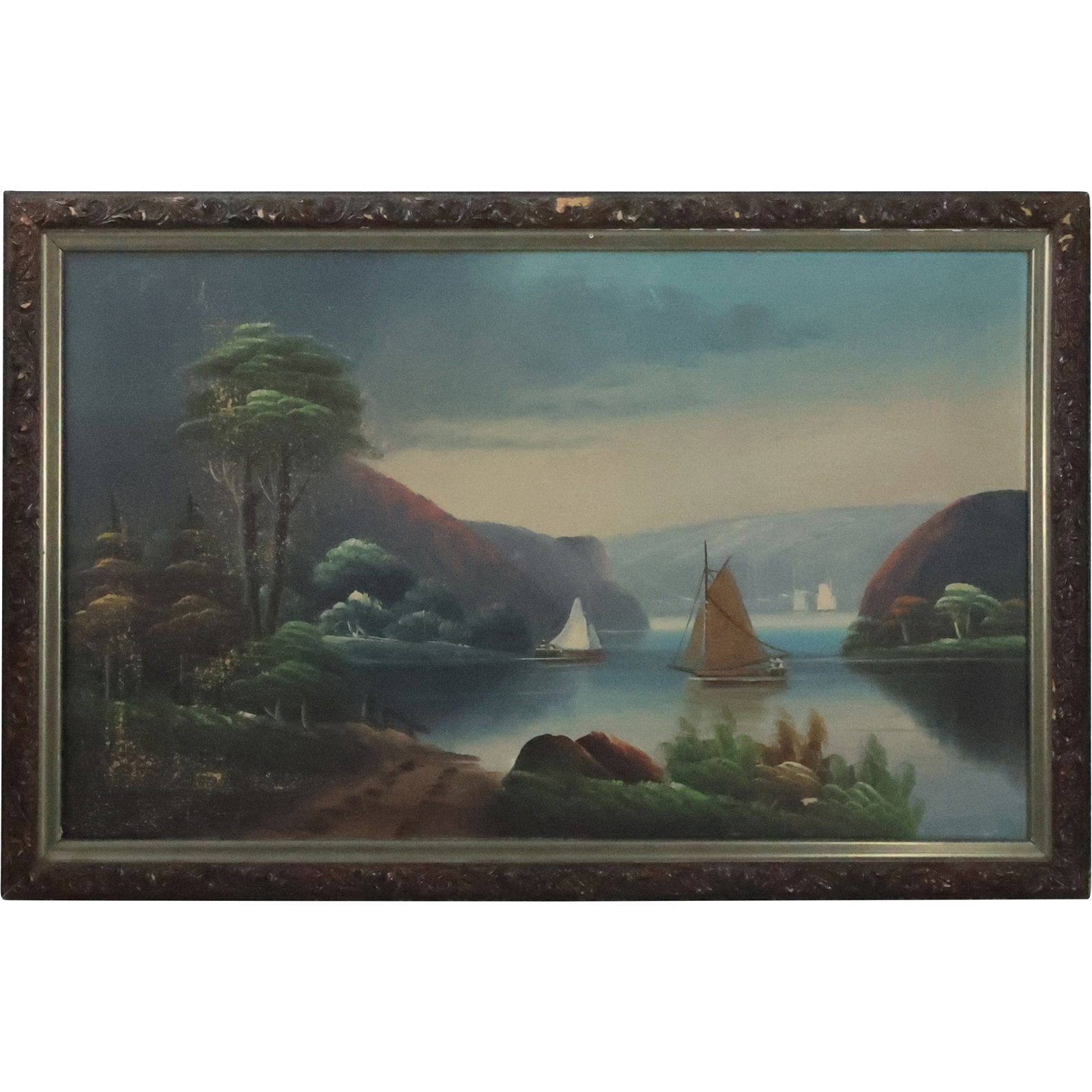 Circa 1910 Hudson River School Oil on Canvas, Sail Boats on The Hudson River, Framed (1 of 15)