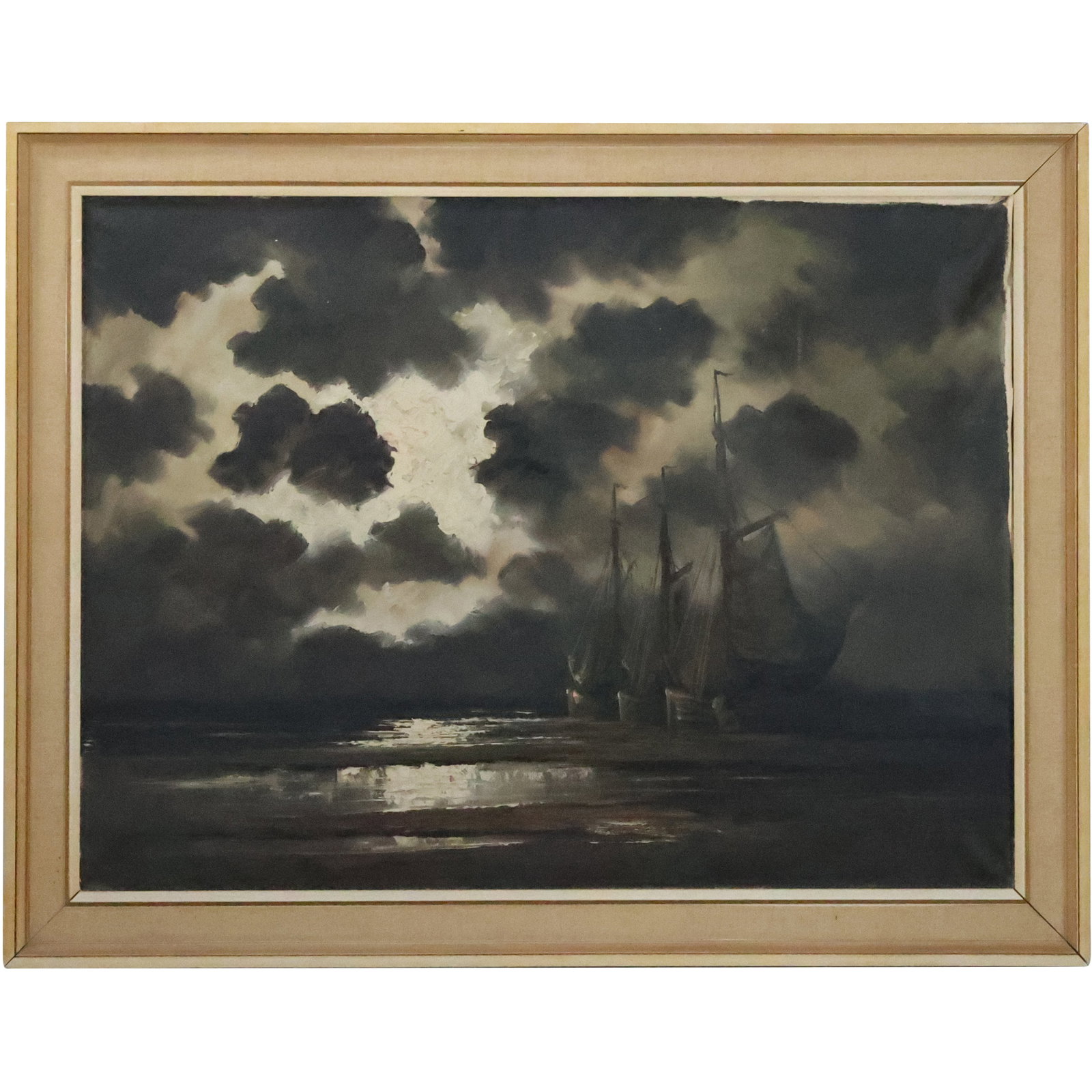 Vintage Oil on Canvas Painting Sail Boats Lined Up on a Stormy Night, Artist Signed: Vintage Oil on Canvas Painting Sail Boats Lined Up on a Stormy Night, Artist Signed. size: 23.75 x 31.75, 28 x 36 outside frame