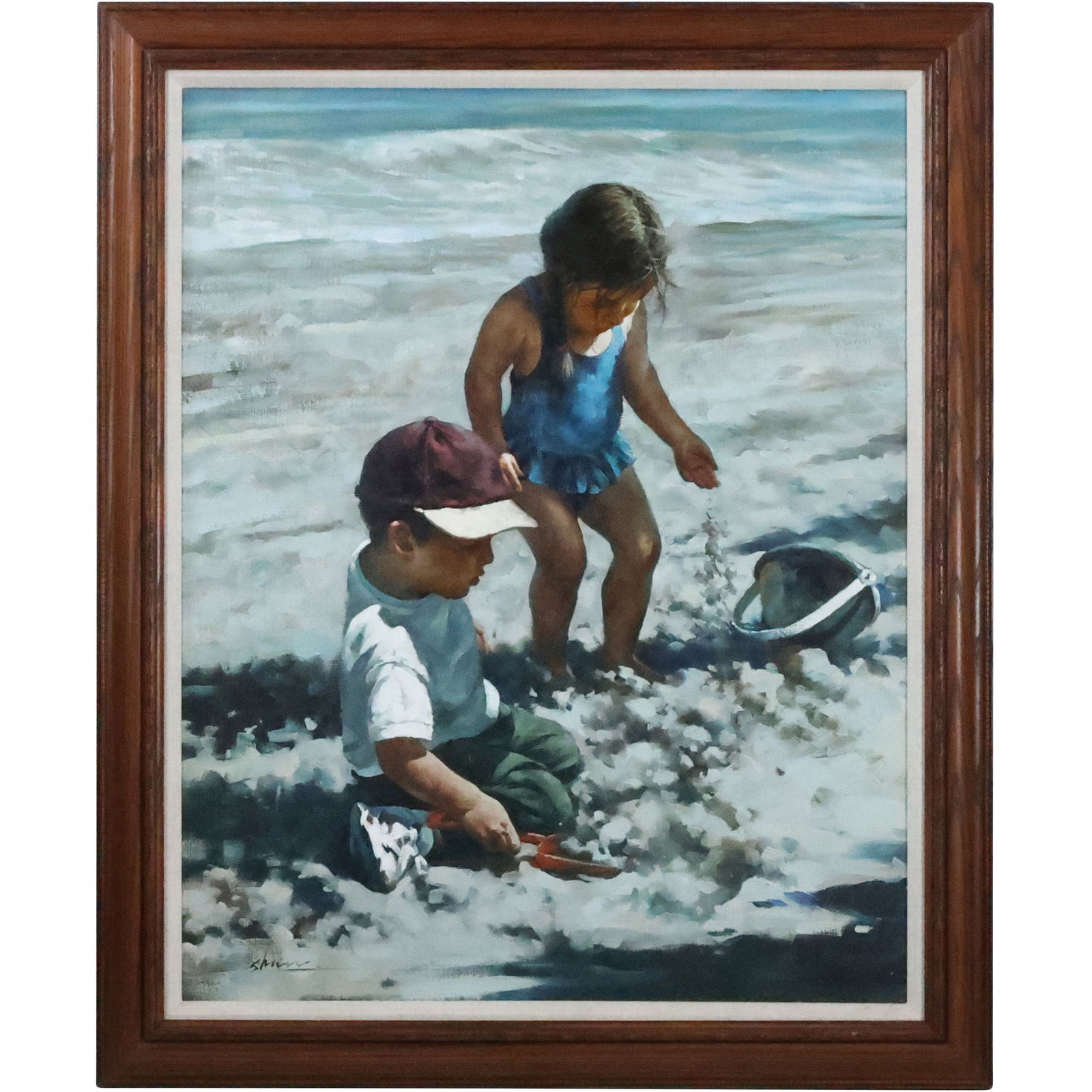 Signed Shaw, Oil on Canvas Painting Children Playing on the Beach Front, Framed (1 of 14)