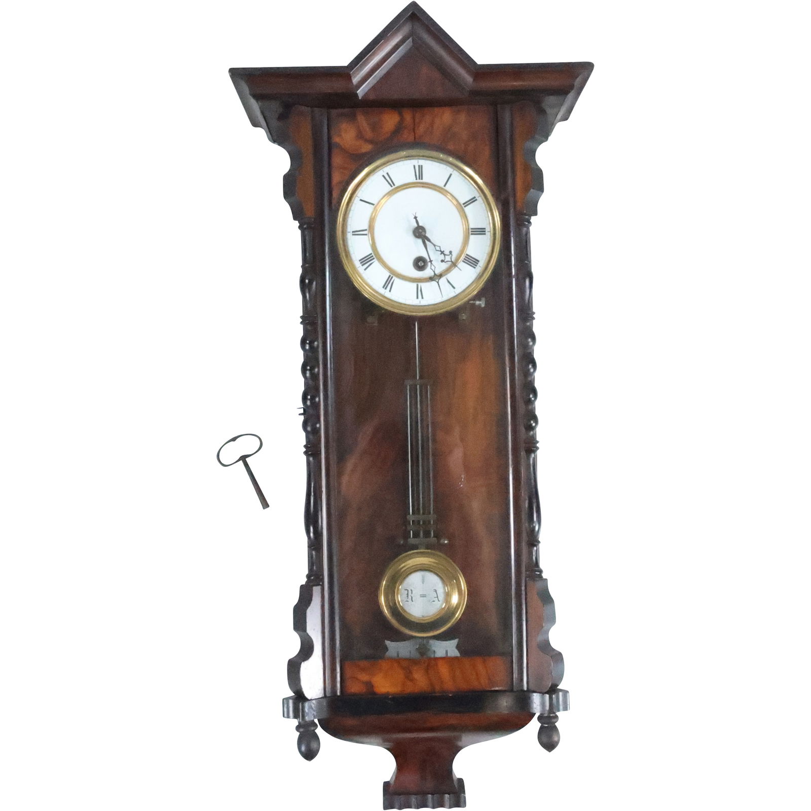 Antique Walnut Case Regulator Wall Clock with Key and Pendulum 28 inches length x 12 in. wide (1 of 15)