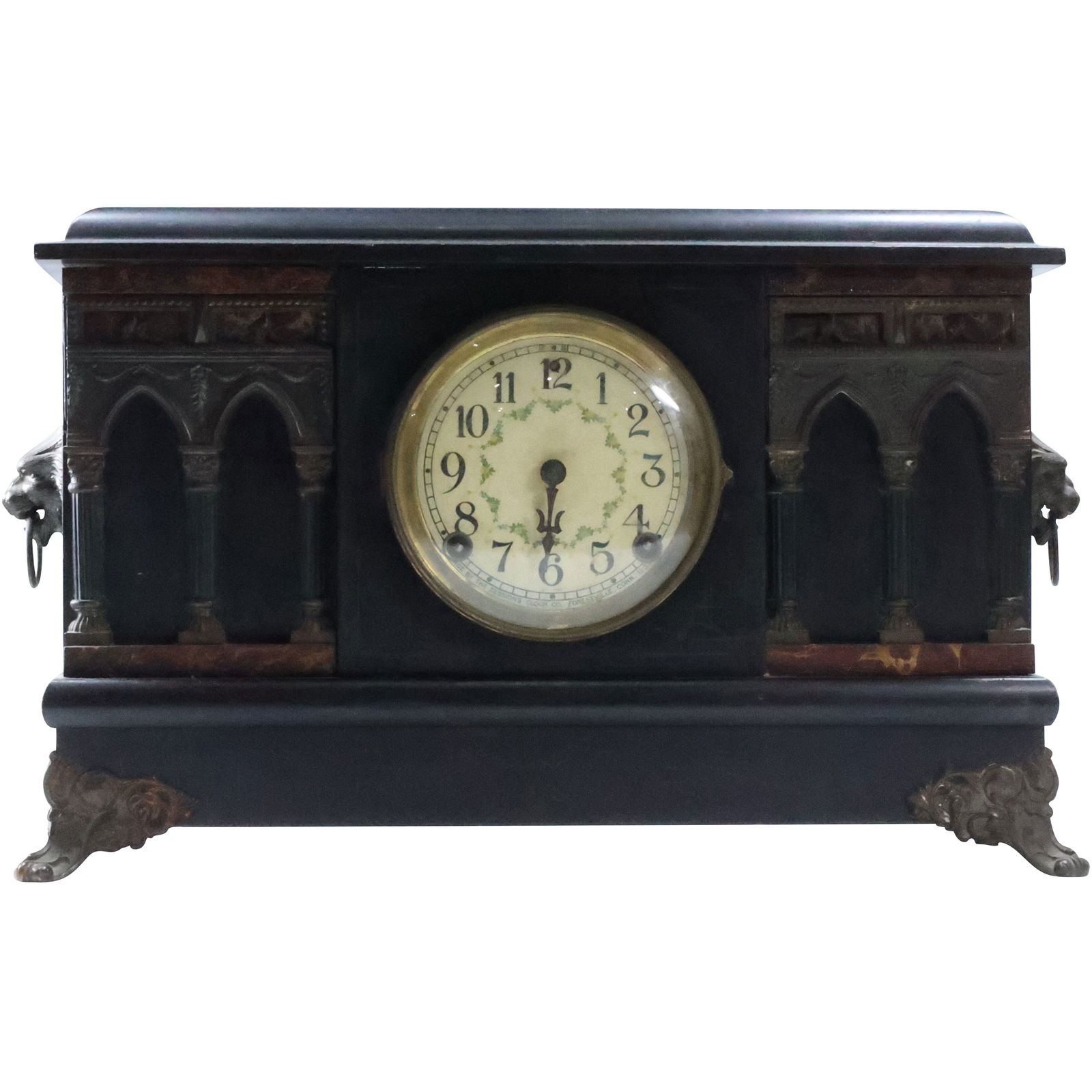Antique Sessions Mantle Clock, Black Wood Case with Metal Roman Columns 18 in. length (1 of 13)