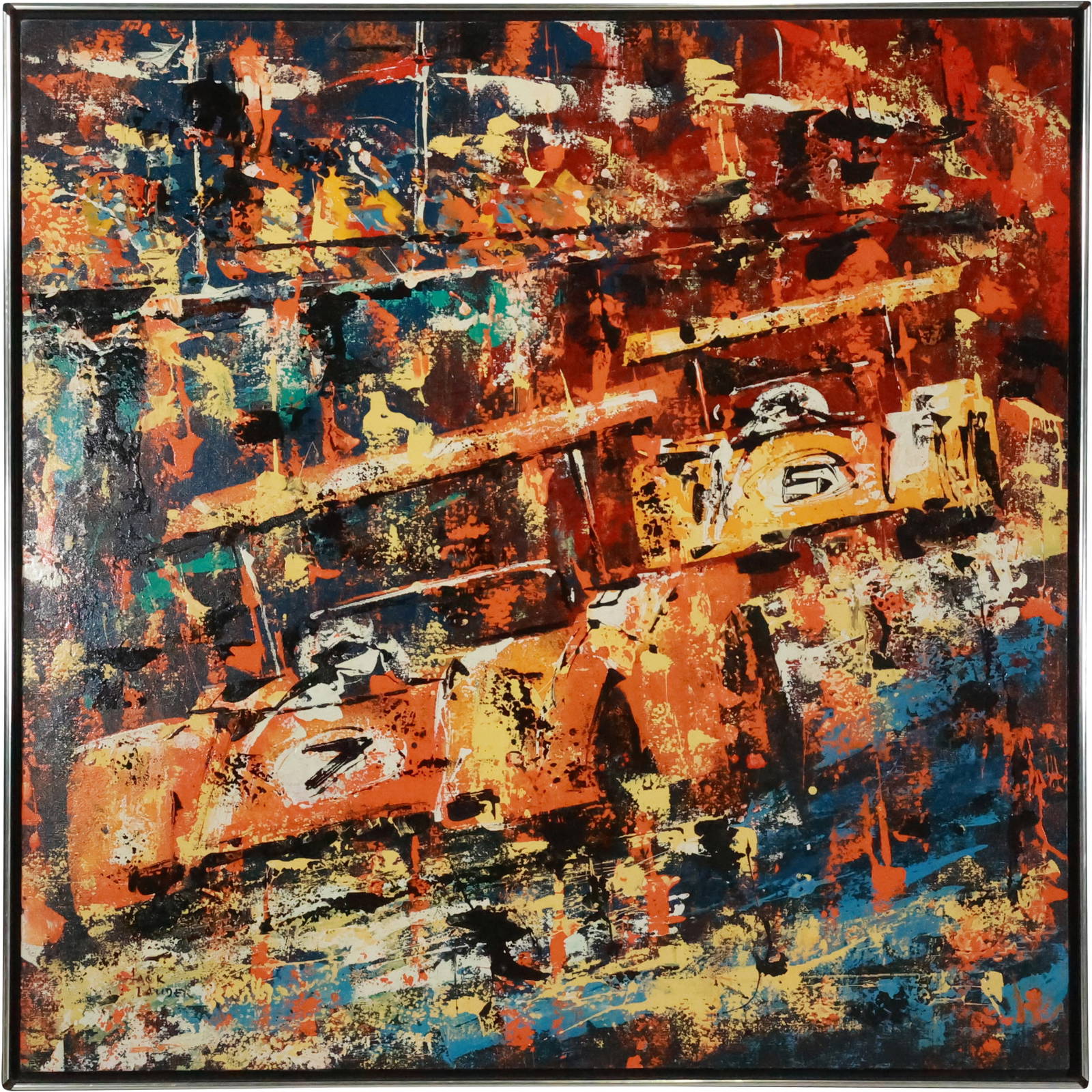 Jack Lauder, American, Oil On Canvas Painting, Racing Cars In Abstract